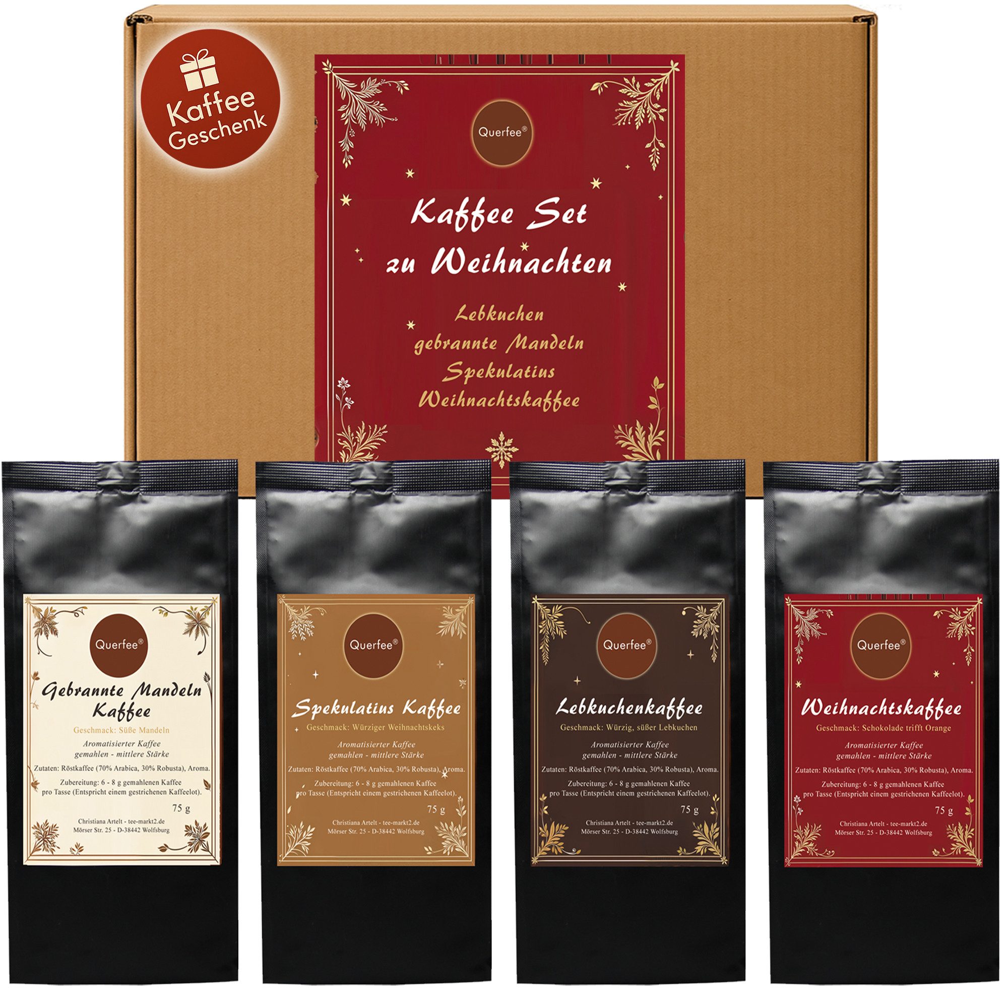 Quertee Kaffee Kaffee Geschenkset Weihnachten – 4 x 75 g Weihnachtskaffee – gemahlen