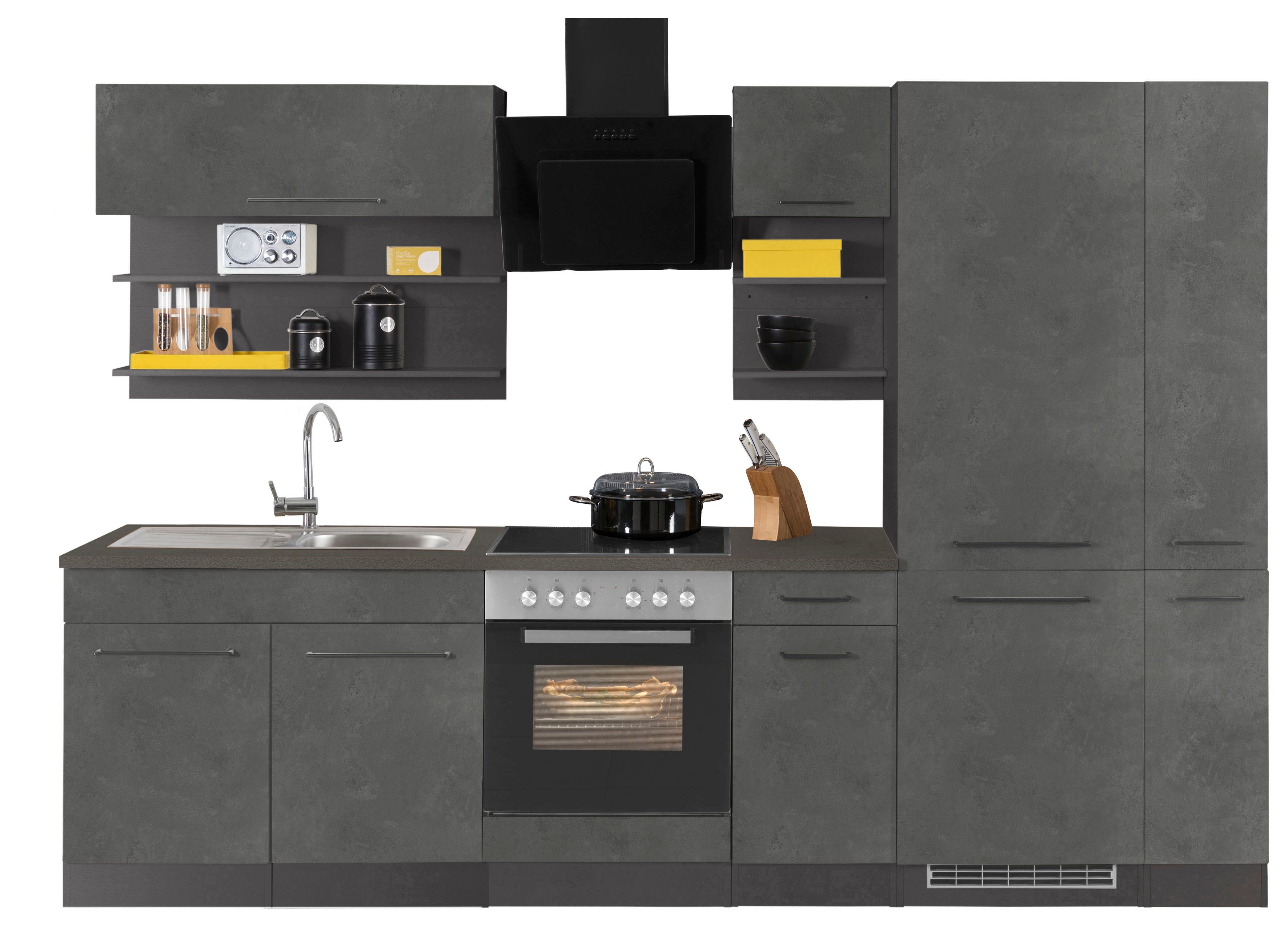 KOCHSTATION Küchenzeile KS-Tulsa, mit E-Geräten, Breite 300 cm, schwarze Metallgriffe, MDF Fronten