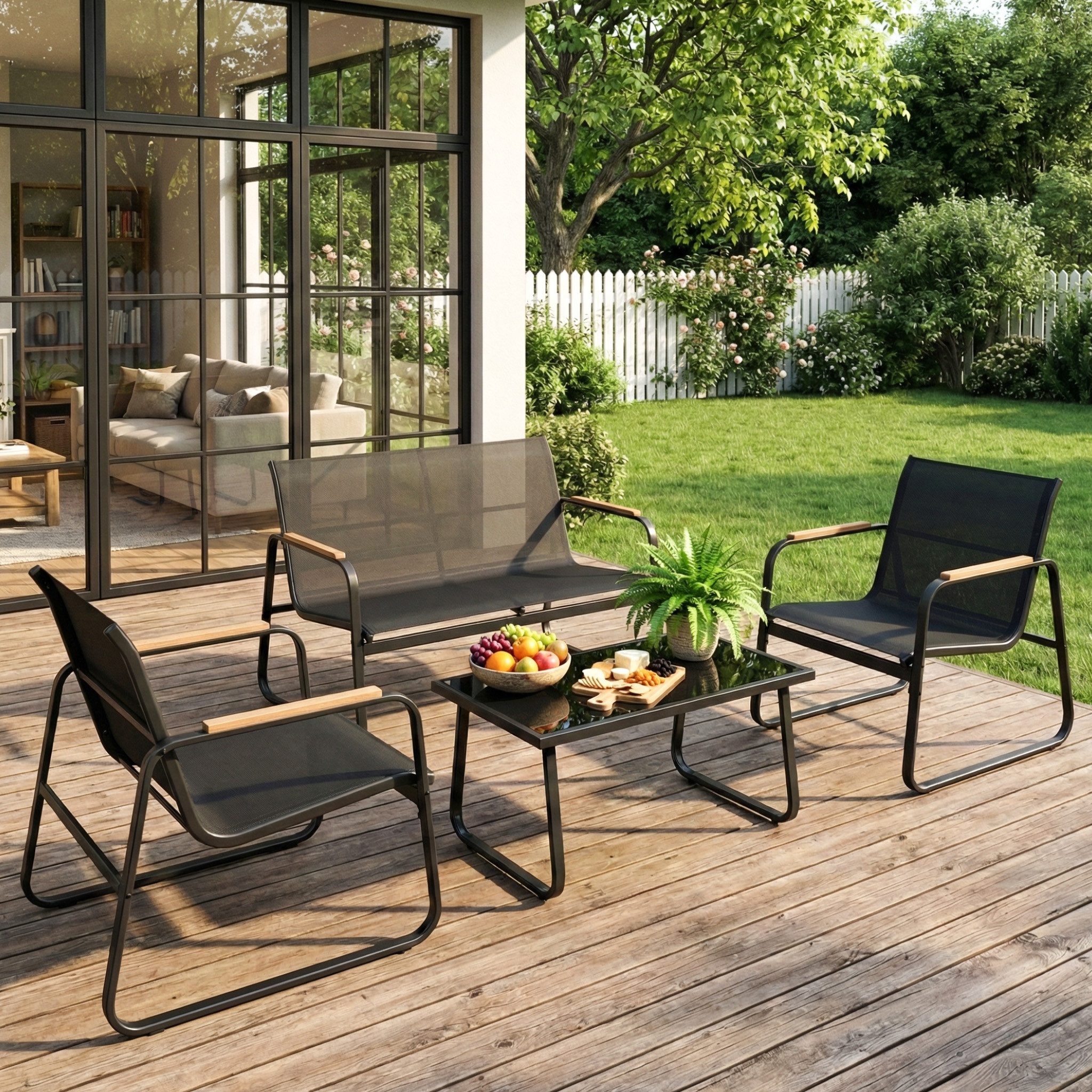 Mondeer Balkonset Gartenmöbel Set 4-tlg, (1 Tisch mit 1 Doppelstuhl 2 Einzelstühlen), Mesh-Gewebe & Holz-Kunststoff-Armlehnen, Schwarz