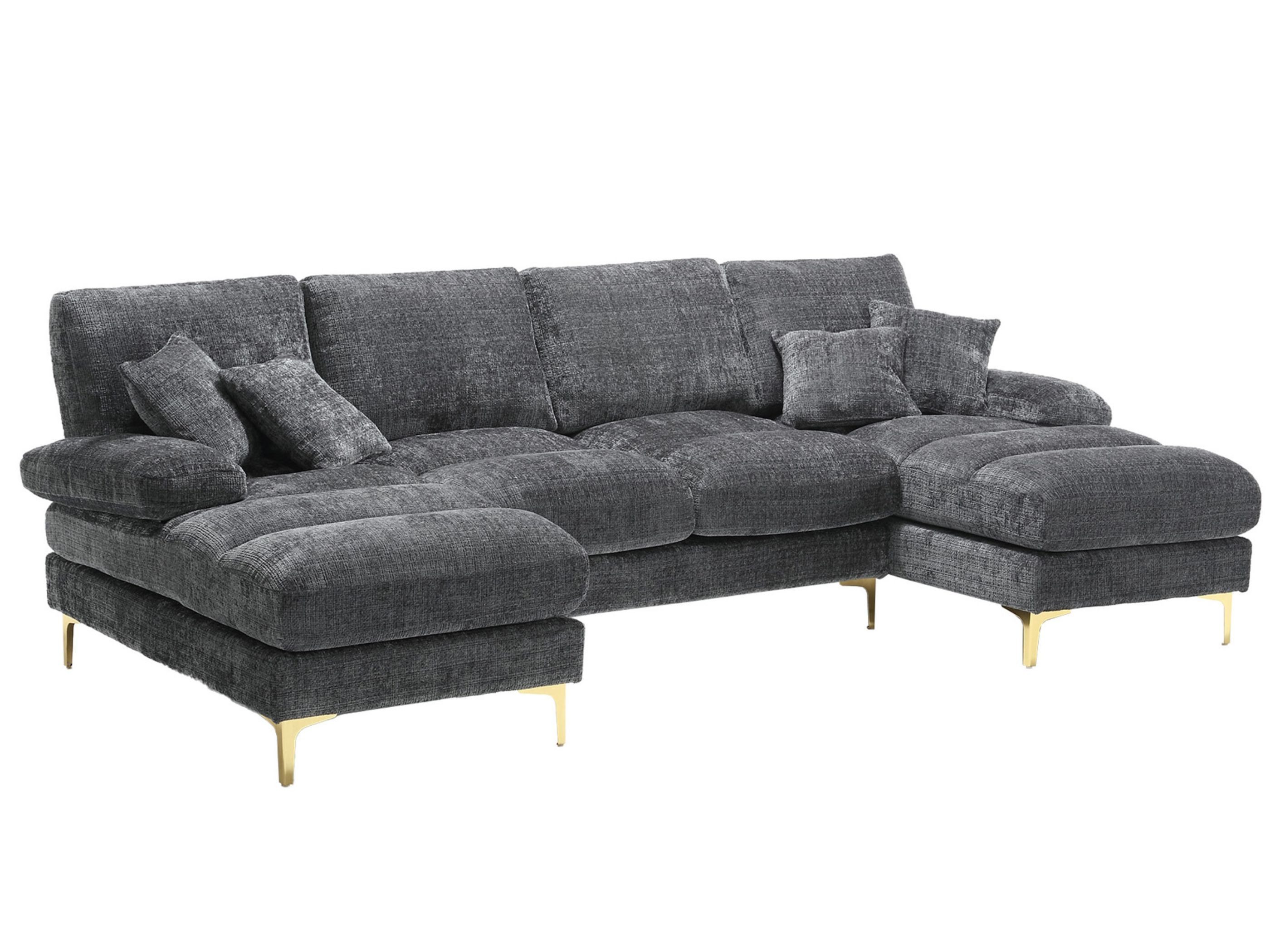SeedWave Big-Sofa U-förmiges Sofaset mit beidseitigen Ottomans, Chenille-Bezug für 4, inklusive Kissen, erhöhte Beine, rutschfeste Pads – ideal für Familien