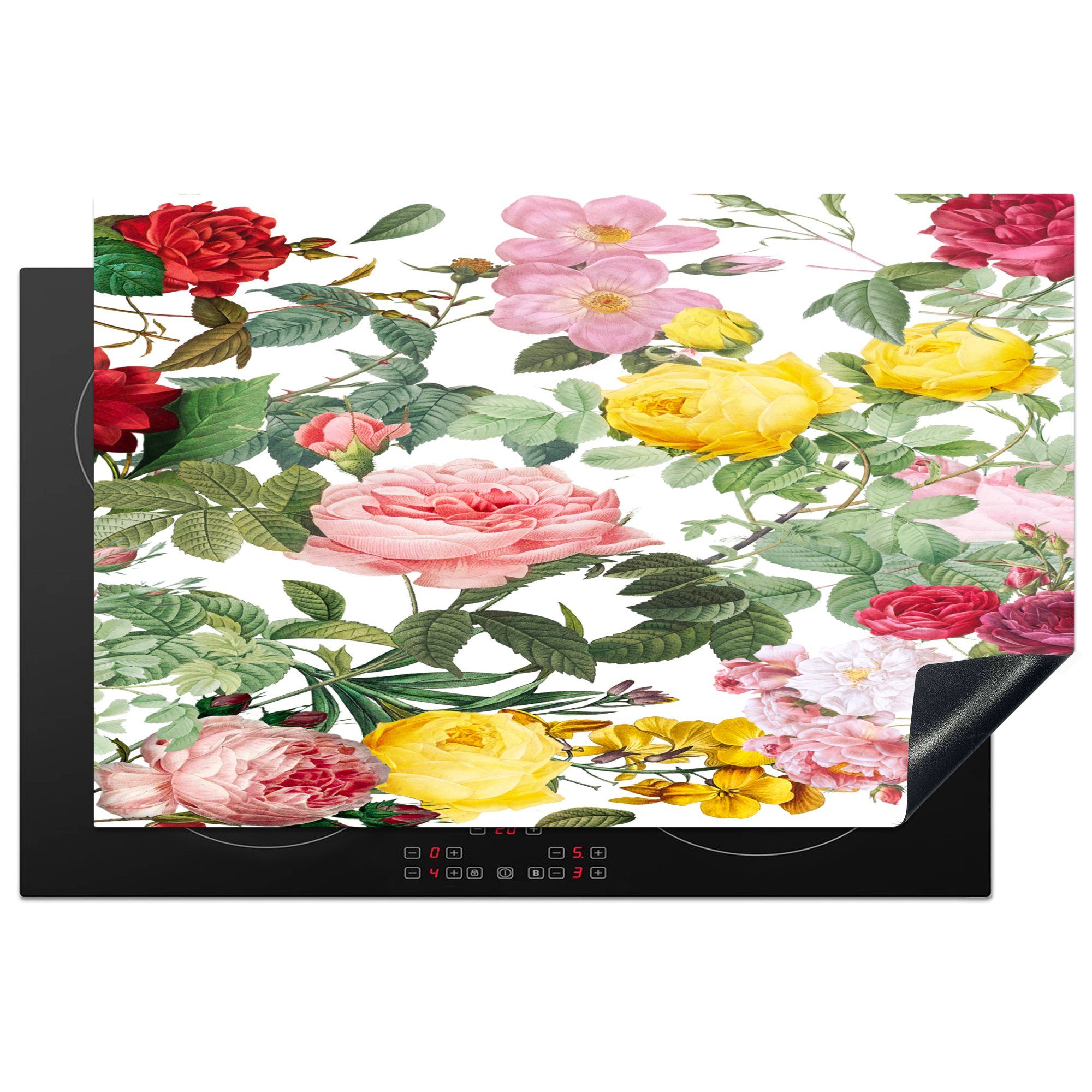 MuchoWow Herdblende-/Abdeckplatte Blumen - Gelb - Rosa - Weiß, Vinyl, (1 tlg), 81x52 cm, Induktionskochfeld Schutz für die küche, Ceranfeldabdeckung