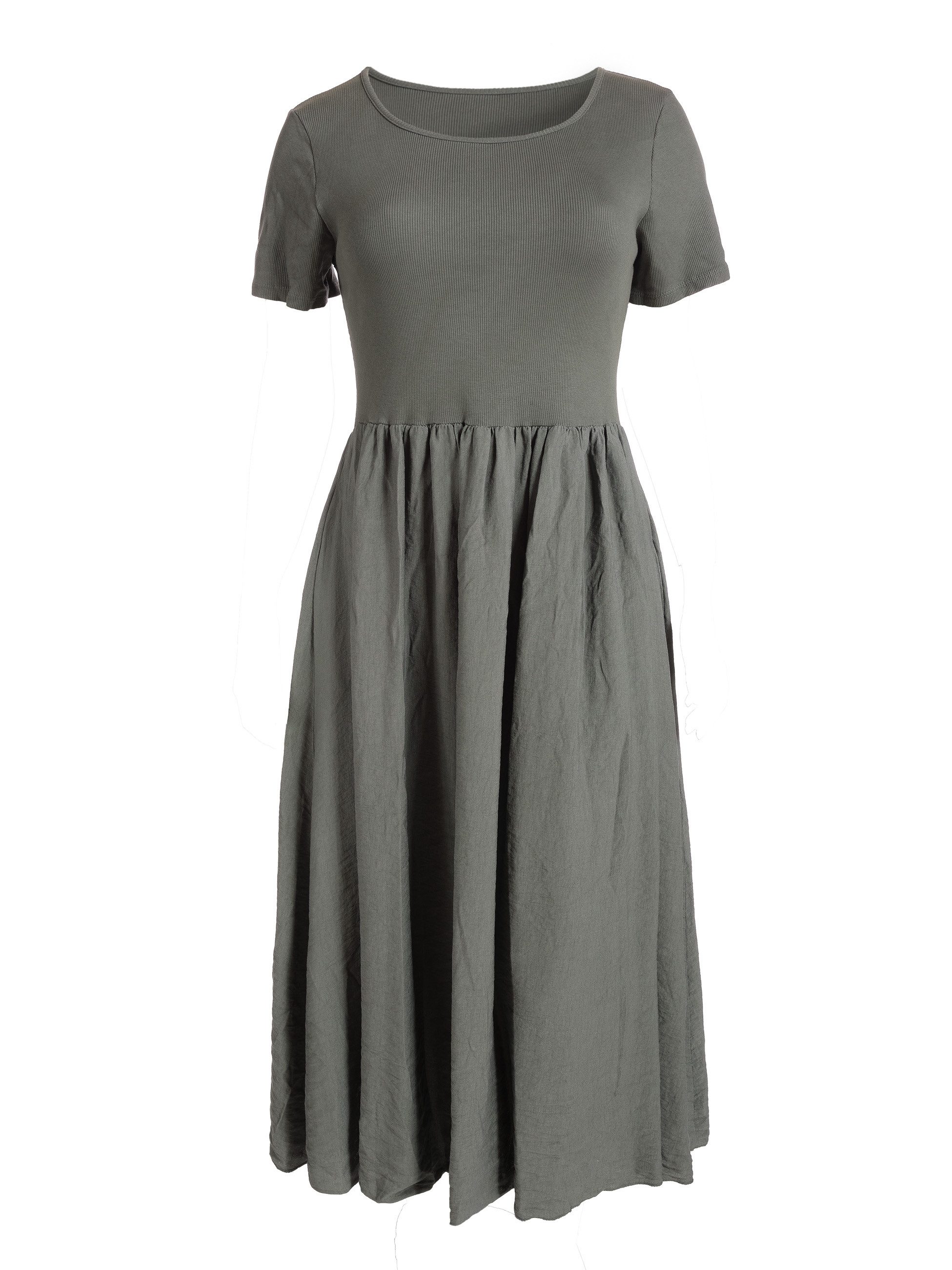 PEKIVESSA Sommerkleid Midikleid wadenlang Kurzarm mit Taschen Material-Mix aus Rippstrick und Viskoserock – Bild 2 von 5