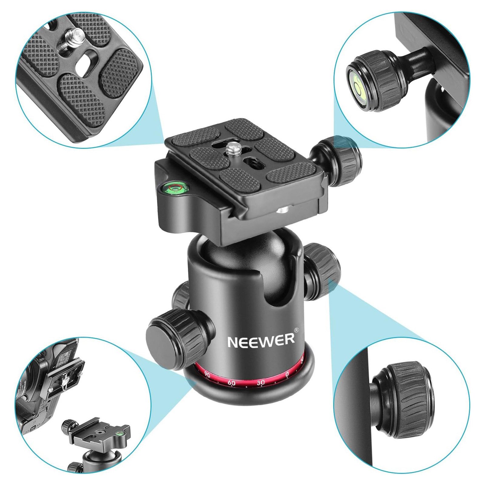 Neewer Kugelkopf GM-MT 36mm Stativ Kugelkopf, 360° Panorama, Metall, mit Arca Platte, 1/4" Schraube 3/8" Gewinde, max. 8kg, für DSLR Kameras Monopod