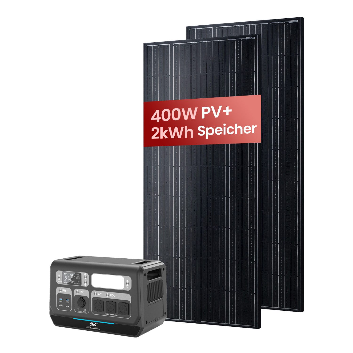 Sunstone Power Solaranlage 2kWh Balkonkraftwerk mit Speicher, 400W PV-Modul, VDE-Einspeisung, 2200 W, MONO, PERC, (Sunstone Balkonkraftwerk Speicher 1 Stk. + Solarmodul 2 Stk), App-Steuerung, mit Zyklenfeste LiFePO₄-Batterien