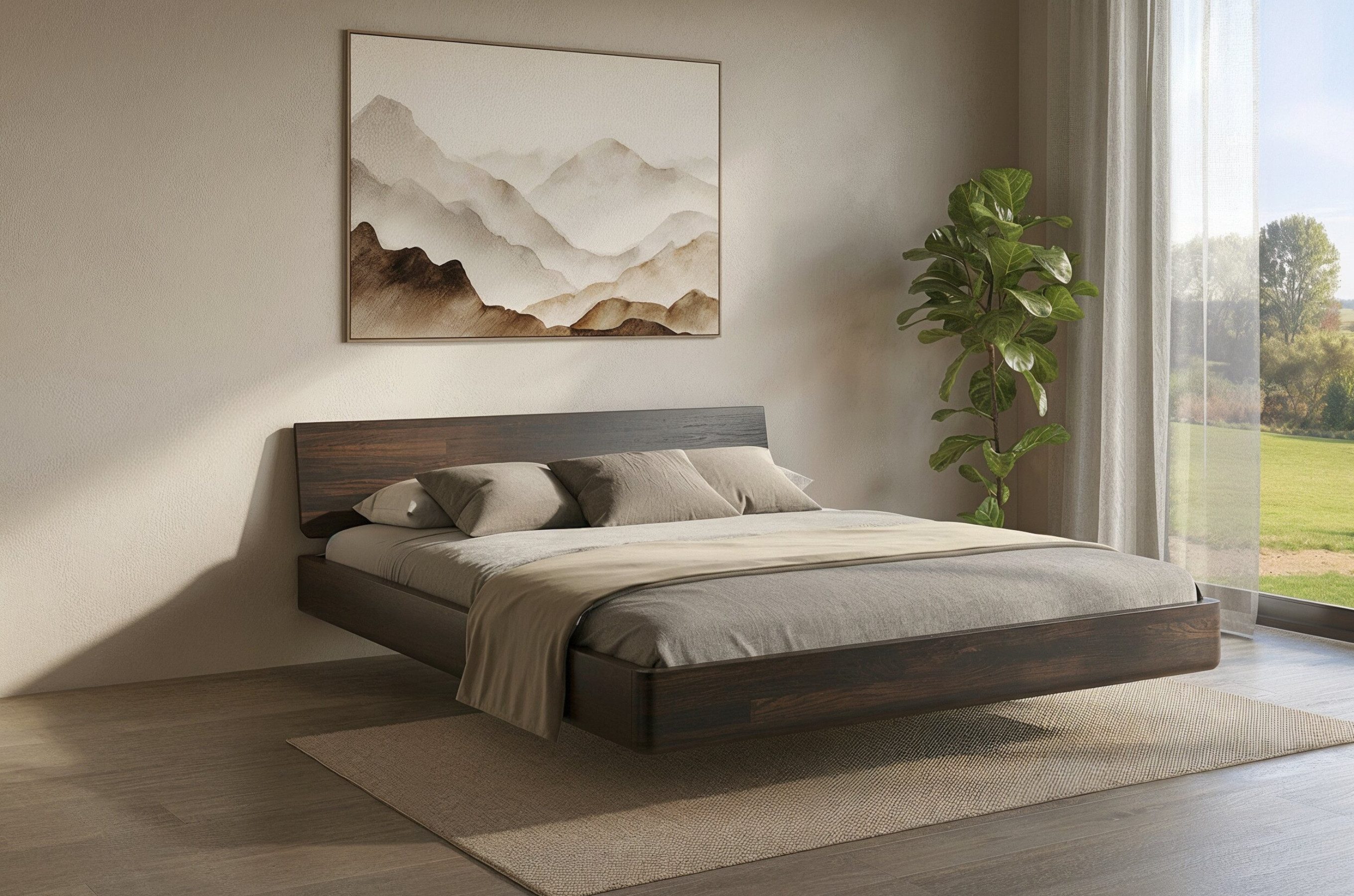 Visby Holzbett Lena (2-tlg., Buchenbett mit schwebender effekt), 120/200, Buche - lackiert, Palisanderfarben