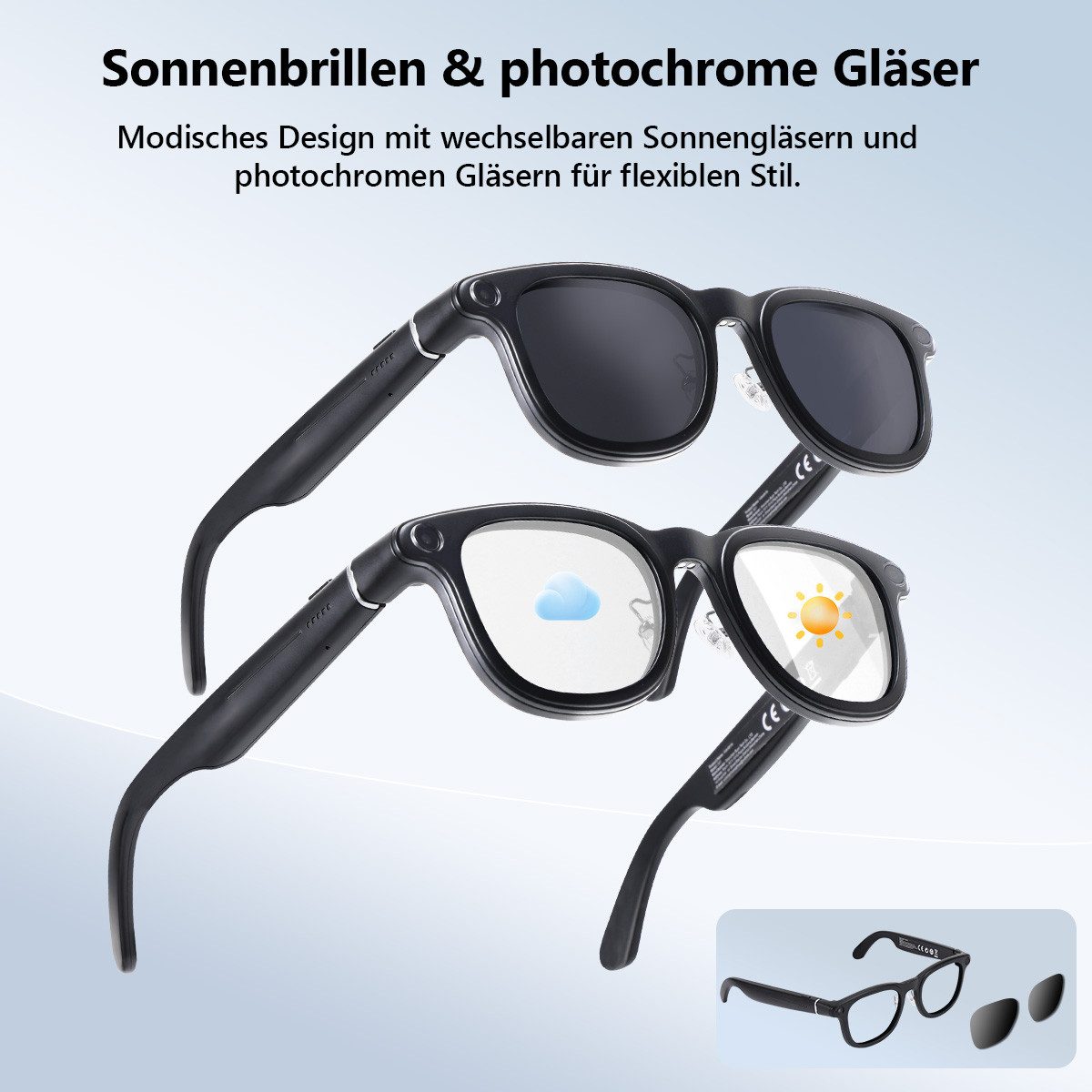 AeroAxis Videobrille AI Smart Glasses 8MP Kamera, Ki Brille mit Ladecase & Ersatzgläsern, Mikrofon,Musik,Übersetzung,Sprachassistent – ideal für Alltag & Reisen