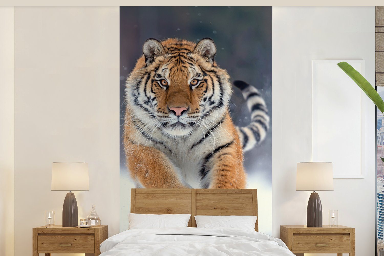 MuchoWow Fototapete Tiger - Landschaft - Schnee - Tiere, Matt, bedruckt, (2 St), Vliestapete für Wohnzimmer Schlafzimmer Küche, Fototapete
