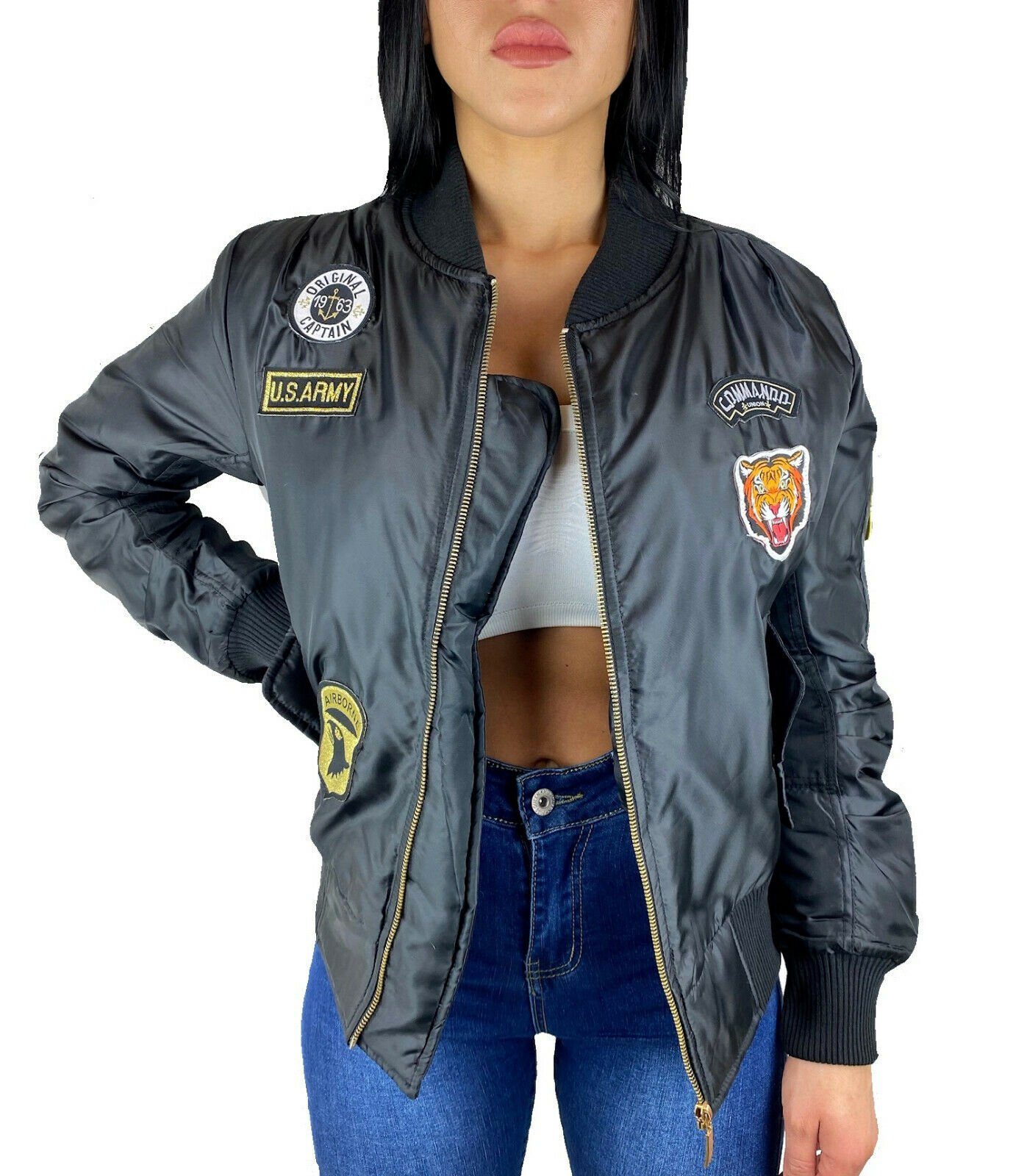 Patches Schwarz Bomberjacke XS-L Blouson Army Bomberjacke Jacke Neu Worldclassca Jacke Worldclassca Piloten Damen mit Bomber Fliegerjacke Übergangsjacke Militär Camouflage