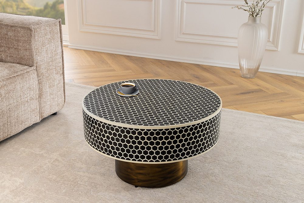 riess-ambiente Couchtisch HARMONY NATURE 60cm schwarz/weiß - Inlay, Blickfang, Handarbeit, Rund (Einzelartikel, 1-St), Schicker Beistelltisch - ideal für Arbeits-, Gäste- & Wohnzimmer