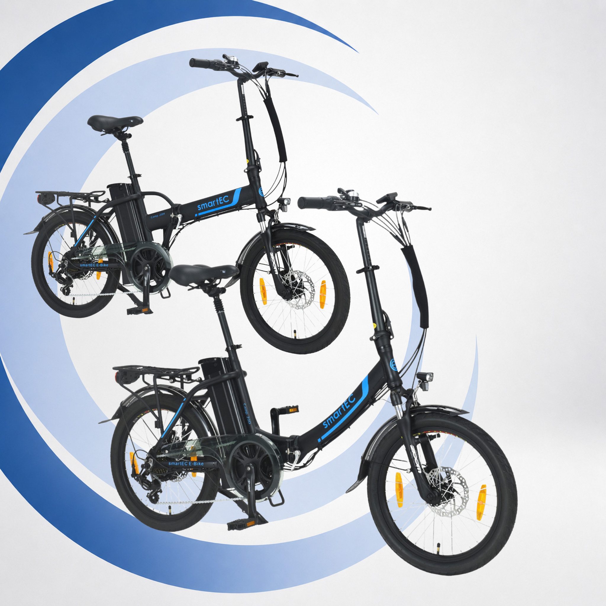 smartEC E-Bike Klapprad 2er Pack Camp-20D & 20H Falt Pedelec/E-Bike 20 Zoll Schwarz smartEC, 7 Gang Shimano Tourney Schaltwerk, Kettenschaltung, Hinterrad-Nabenmotor, 562.00 Wh, (2er Set, 12 tlg., Akku mit Ladegerät), Damen/Herren Unterstützung 25 km/h Anfahrhilfe Scheibenbremse StVZO