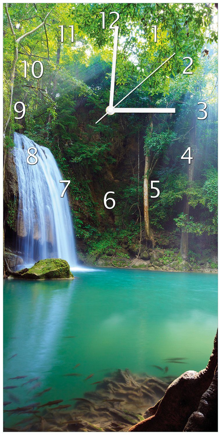 Wallario Wanduhr Wasserfall im Wald am See Idylle in Thailand (Uhr aus Acryl)