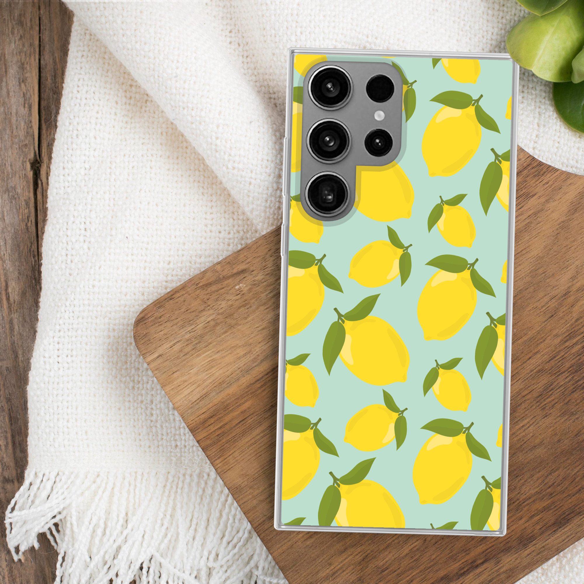 MuchoWow Handyhülle für Samsung Galaxy S23 Ultra Muster Zitronen - Gelb - Blau - Muster -