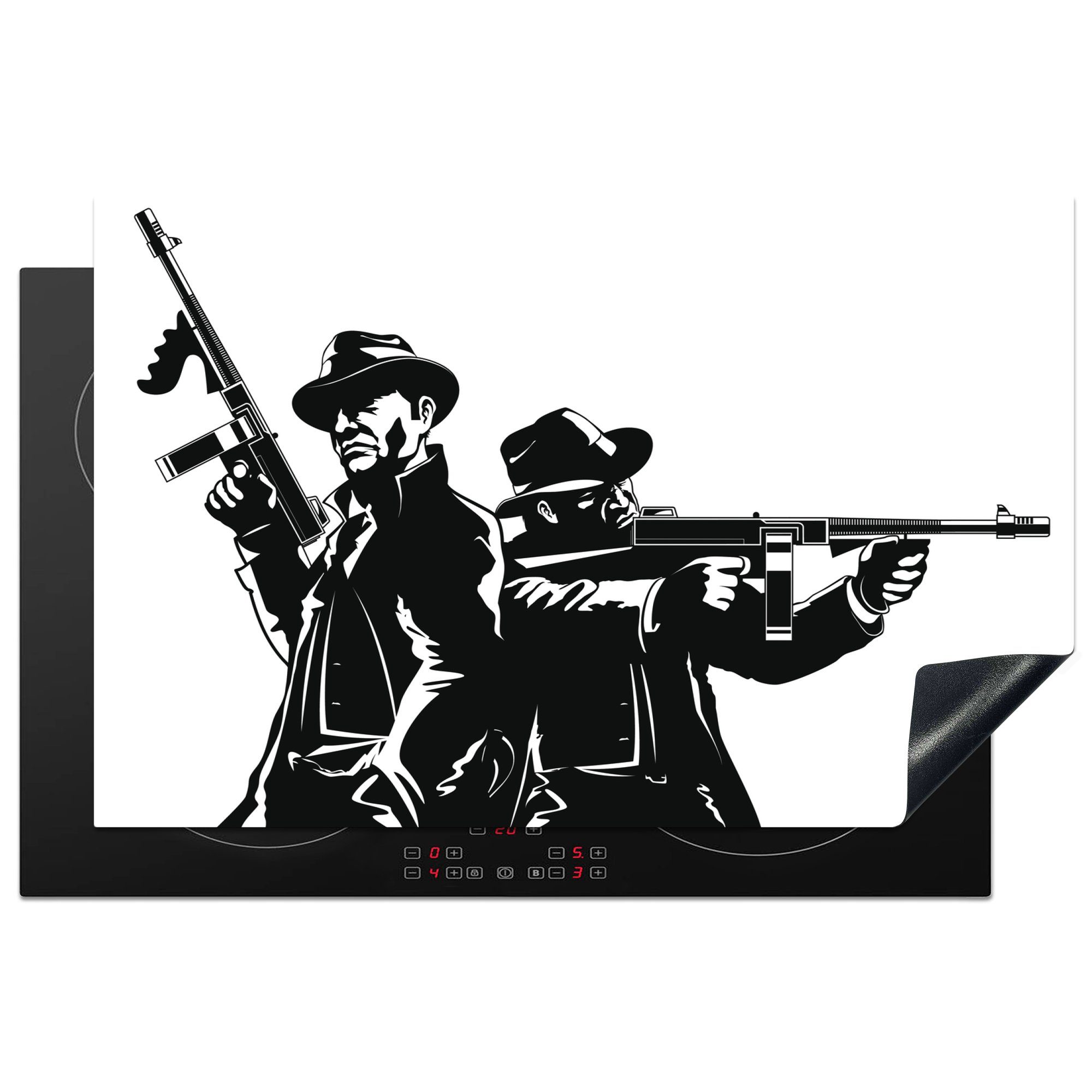 MuchoWow Herdblende-/Abdeckplatte Illustration von zwei Mitgliedern der Mafia mit Waffen in schwarz-weiß, Vinyl, (1 tlg), 81x52 cm, Induktionskochfeld Schutz für die küche, Ceranfeldabdeckung
