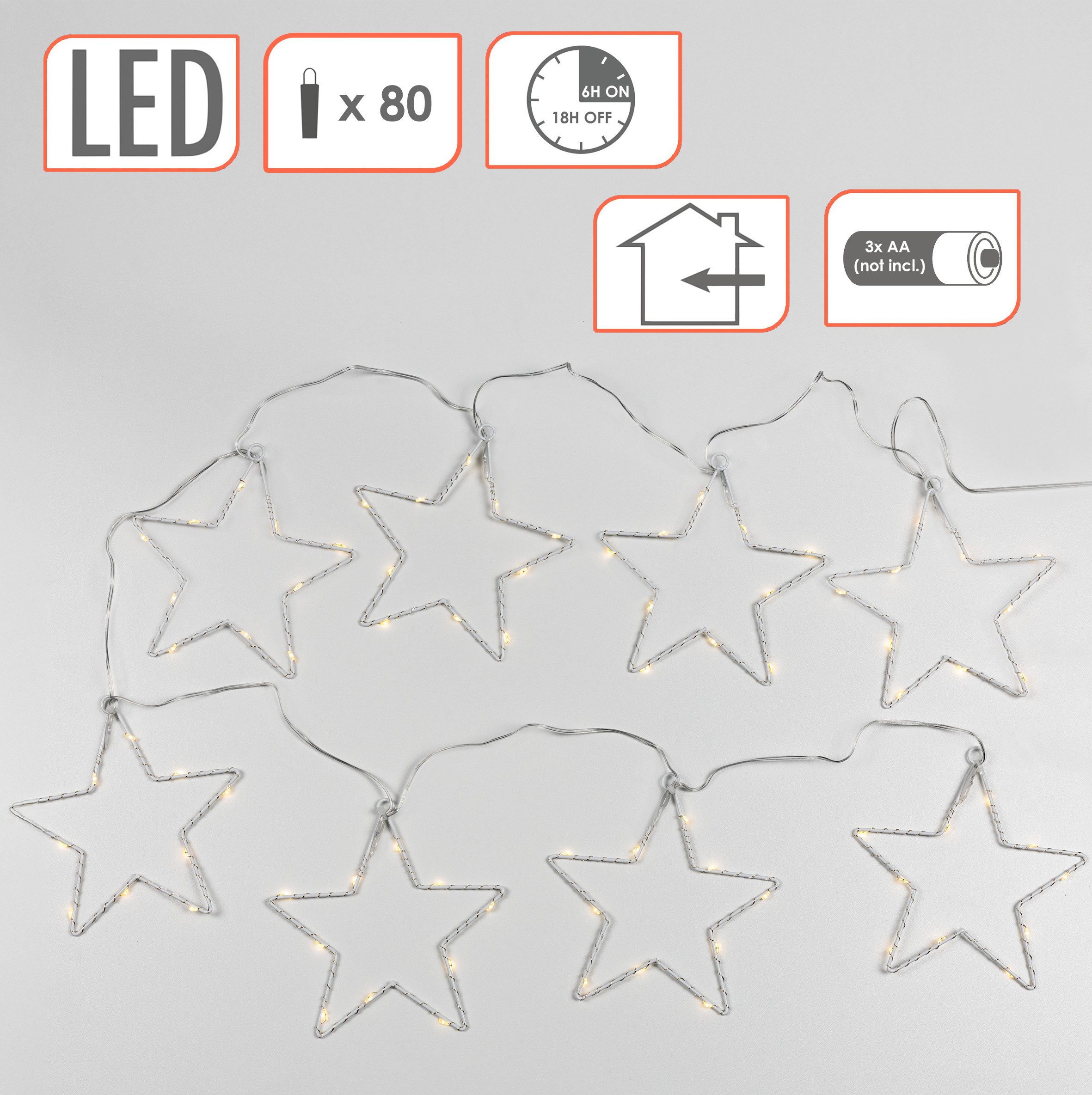 Spetebo LED-Lichterkette Lichterkette mit 8 LED Sternen warm weiß - 200 cm, 80-flammig, Weihnachts Deko Beleuchtung Batterie betrieben