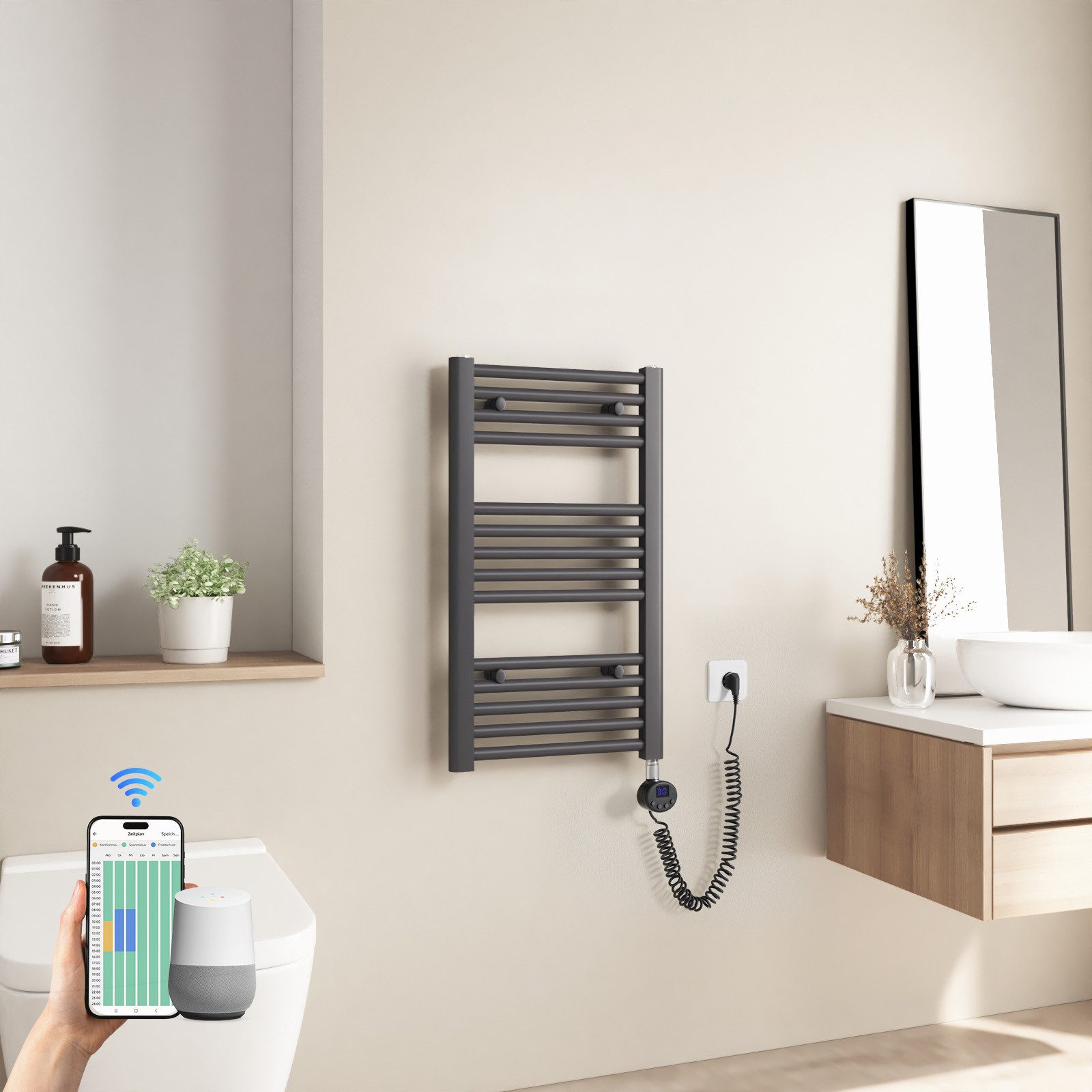 Heilmetz Elektrischer Badheizkörper 300 W, 40 × 70 cm, Anthrazit, mit Smart WLAN Thermostat Heizstab