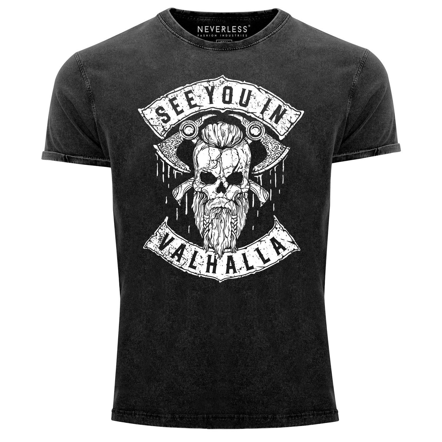 Neverless Print-Shirt Herren Vintage Shirt See You in Valhalla Wikinger Totenkopf Skull Printshirt T-Shirt Aufdruck Used Look Neverless® mit Print schwarz