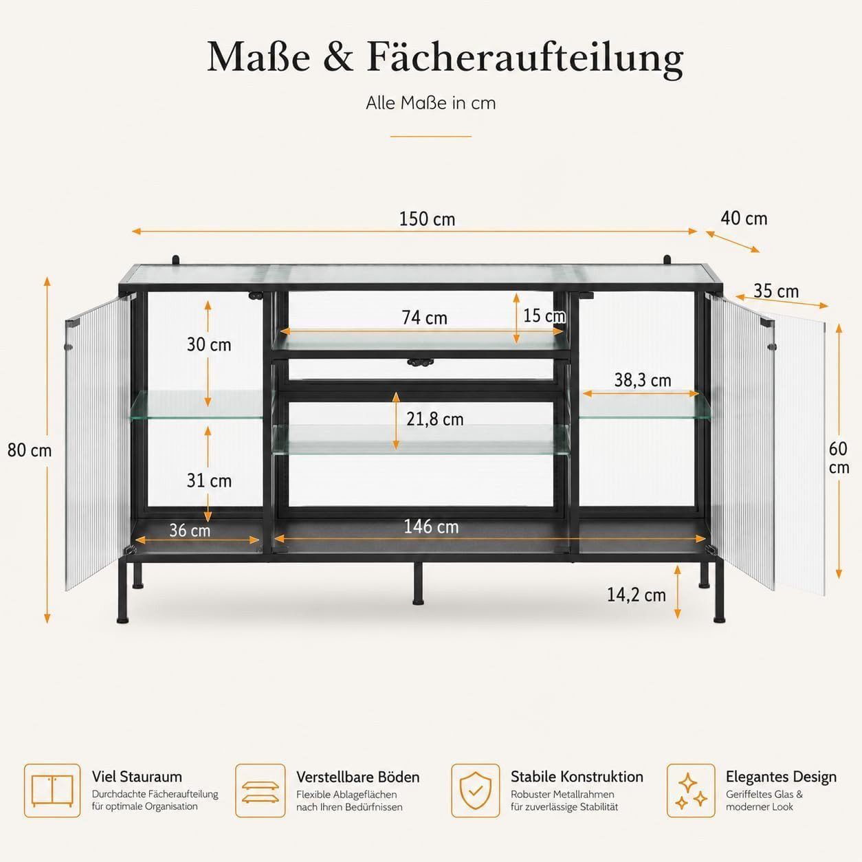 FUFU&GAGA Sideboard 140-160cm Glasvitrine Vitrinenschrank, mit Beleuchtung 3 Farbe – Bild 4 von 5