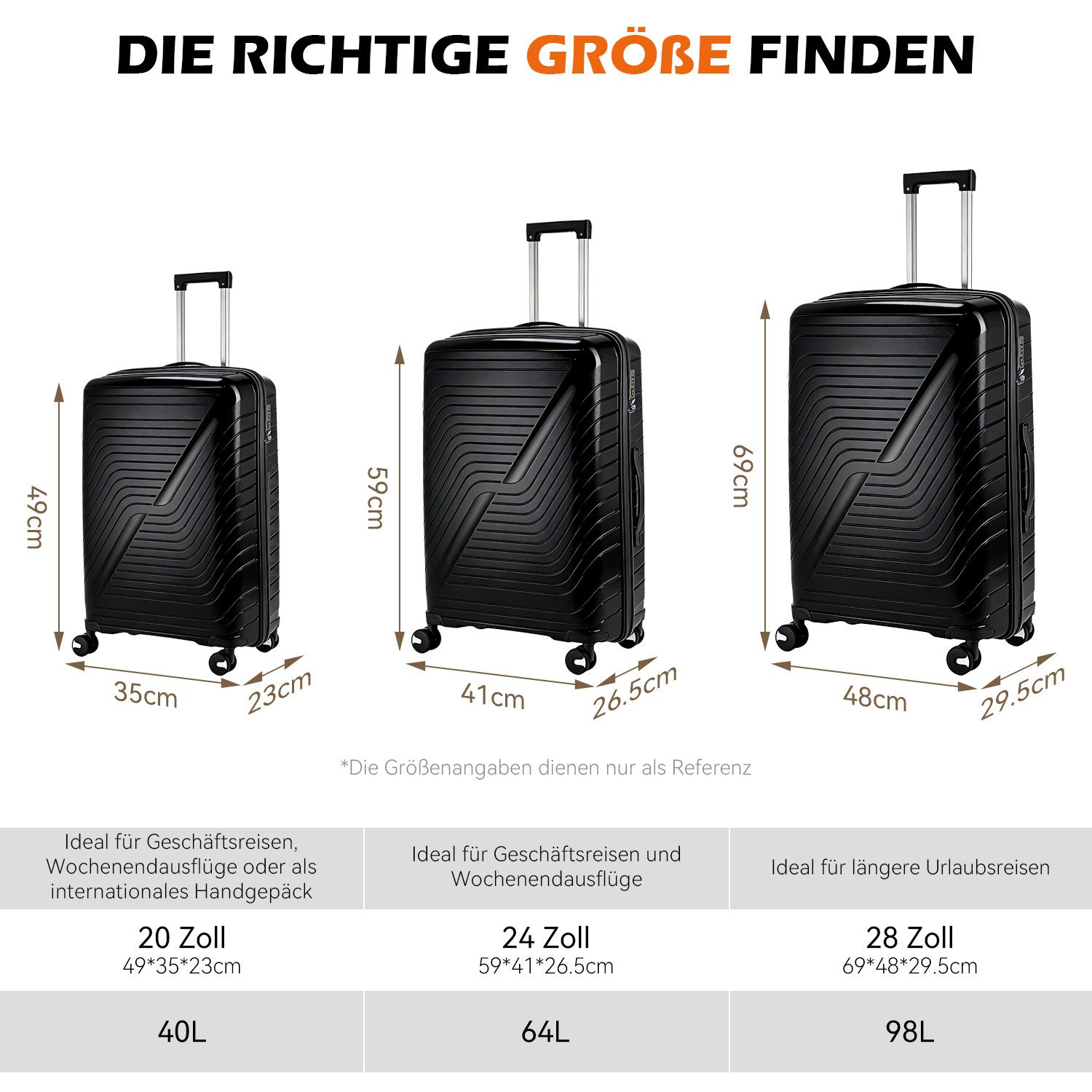 oyajia Kofferset Rollkoffer 3-teiliges Set 20 24 28 Zoll aus PP Hartschale, (Reisekoffer Set mit TSA Zahlenschloss & 4 Rollen, 3 tlg., Handgepäckkoffer + Mittelgroß + XL Trolley Set), Leichtes Trolley Set für Urlaub Business Reisen