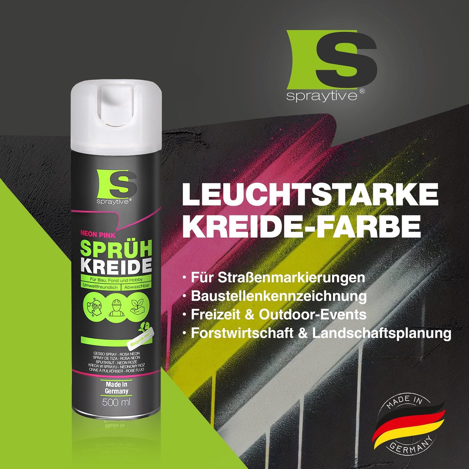 Spraytive Sprühfarbe 24x 500ml Sprühkreide neon-pink – abwaschbare leuchtende Kreidefarbe, Made in Germany