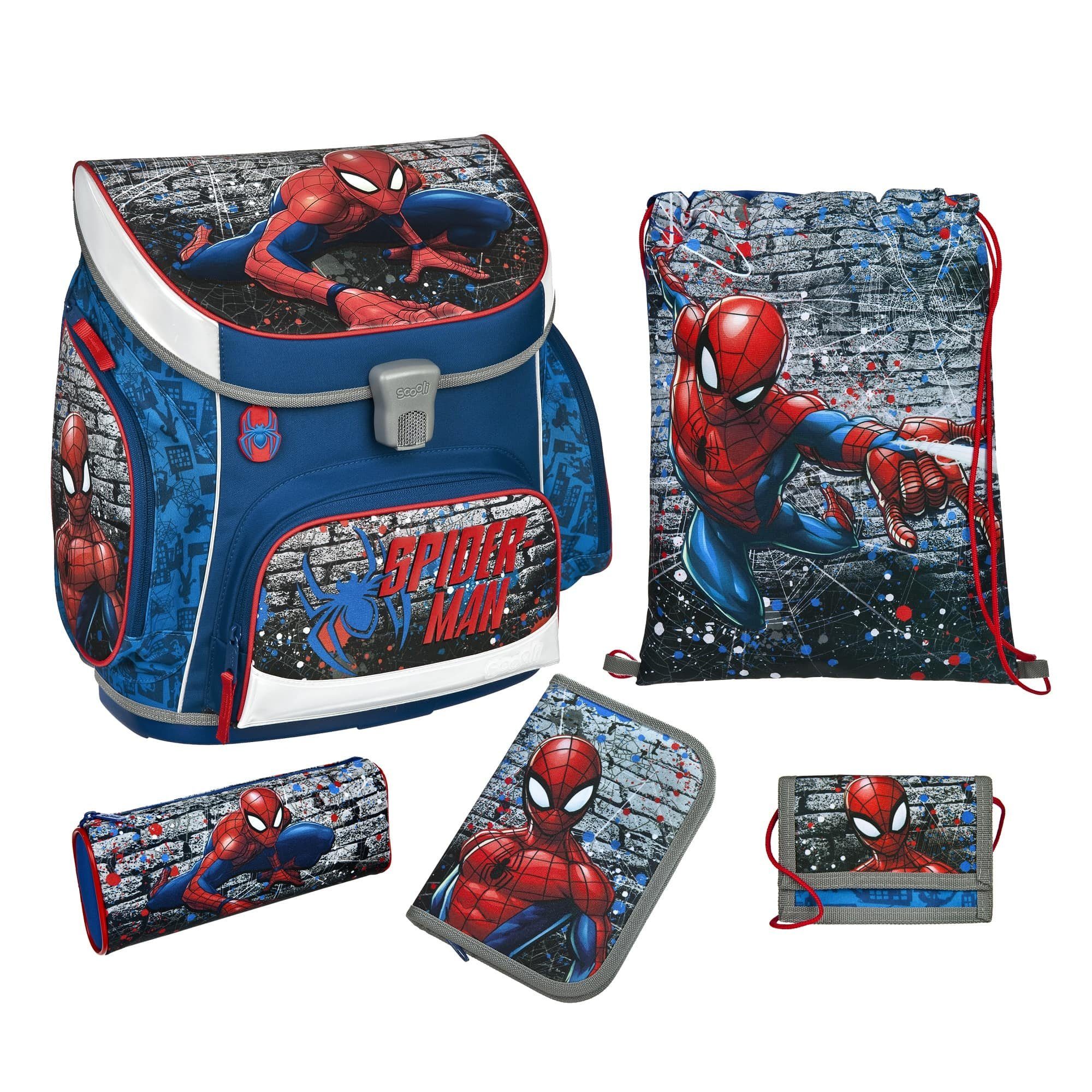 Scooli Schulranzen Campus Fit SPIDER-MAN Schultasche, blau, ab der 1. Klasse (Set, 5-tlg., inkl. Federmäppchen, Schlamper, Turnbeutel & Geldbeutel), mit Brustgurt, 1.000 Gramm leicht, 18L Volumen