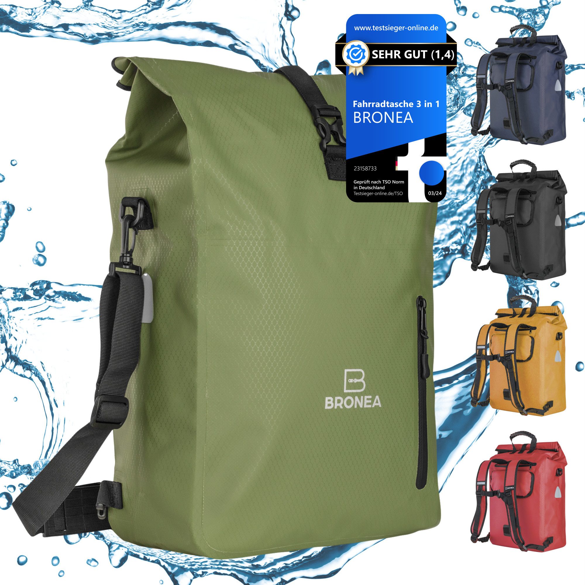 Fahrradtasche 3 in 1 Wasserdicht - 28L - OLIVEGREEN - Kombi Rucksack & Umhängetasche