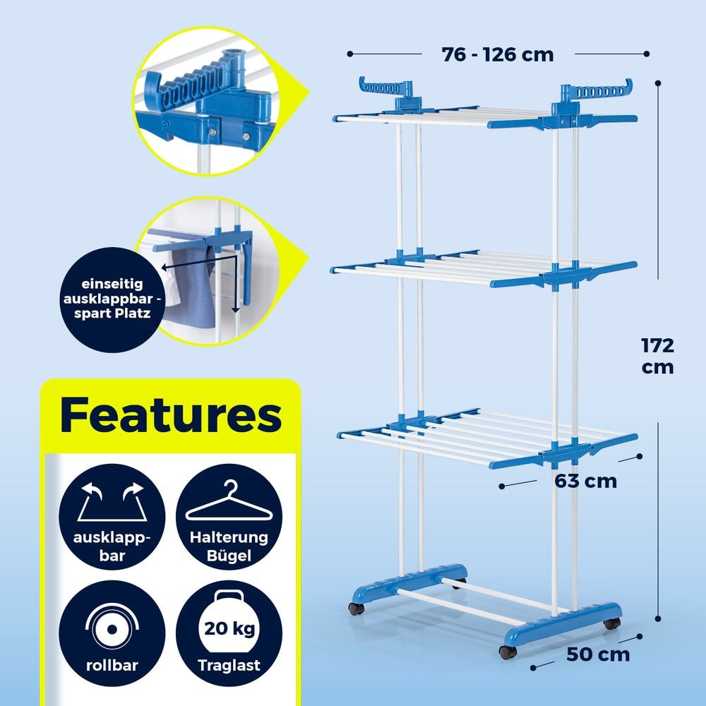 EASYmaxx Wäscheständer Effizientes Trocknen mit 3 Ebenen, 2 Seitenflügeln & leichtem Aufbau, Klappbar Platzsparend, vielseitig und mobil für drinnen und draußen – Bild 5 von 5