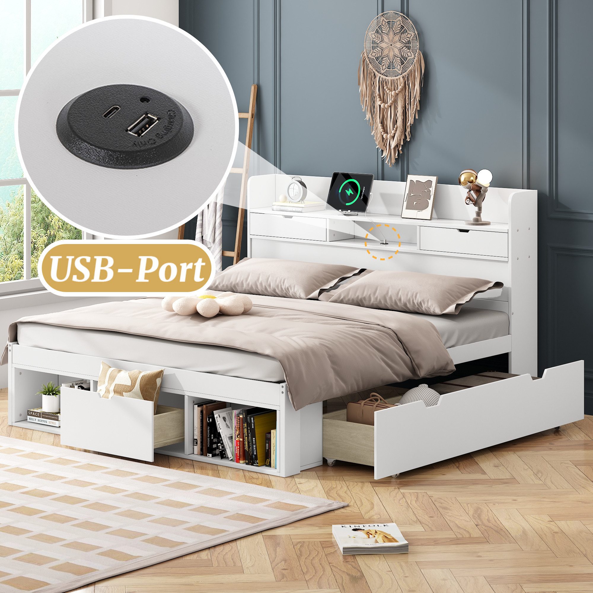 STILVORA Bettgestell 160×200 Jugendbett mit USB-port günstig online kaufen