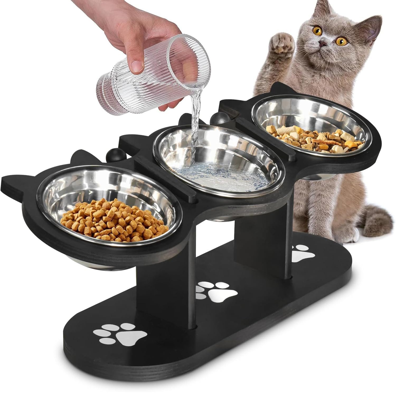 Refined Living Futternapf Katzennapf Erhöht Superdesign 15 Grad Neigung Hundenapf Erhöht, Napf-Set, Höhenverstellbarer Futternapf-Ständer 3 Edelstahlschalen von Refined Living