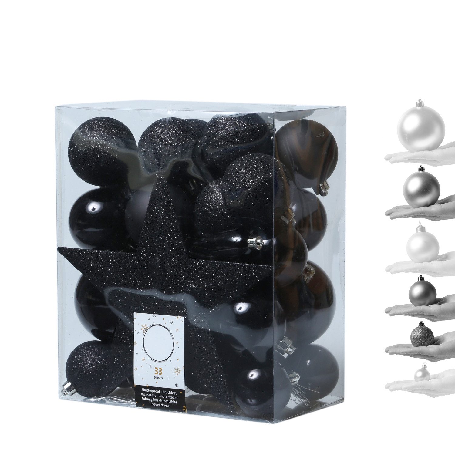 MARELIDA Weihnachtsbaumkugel Christbaumkugeln Weihnachtskugeln mit Stern Baumspitze schwarz 33Stück (33 St)