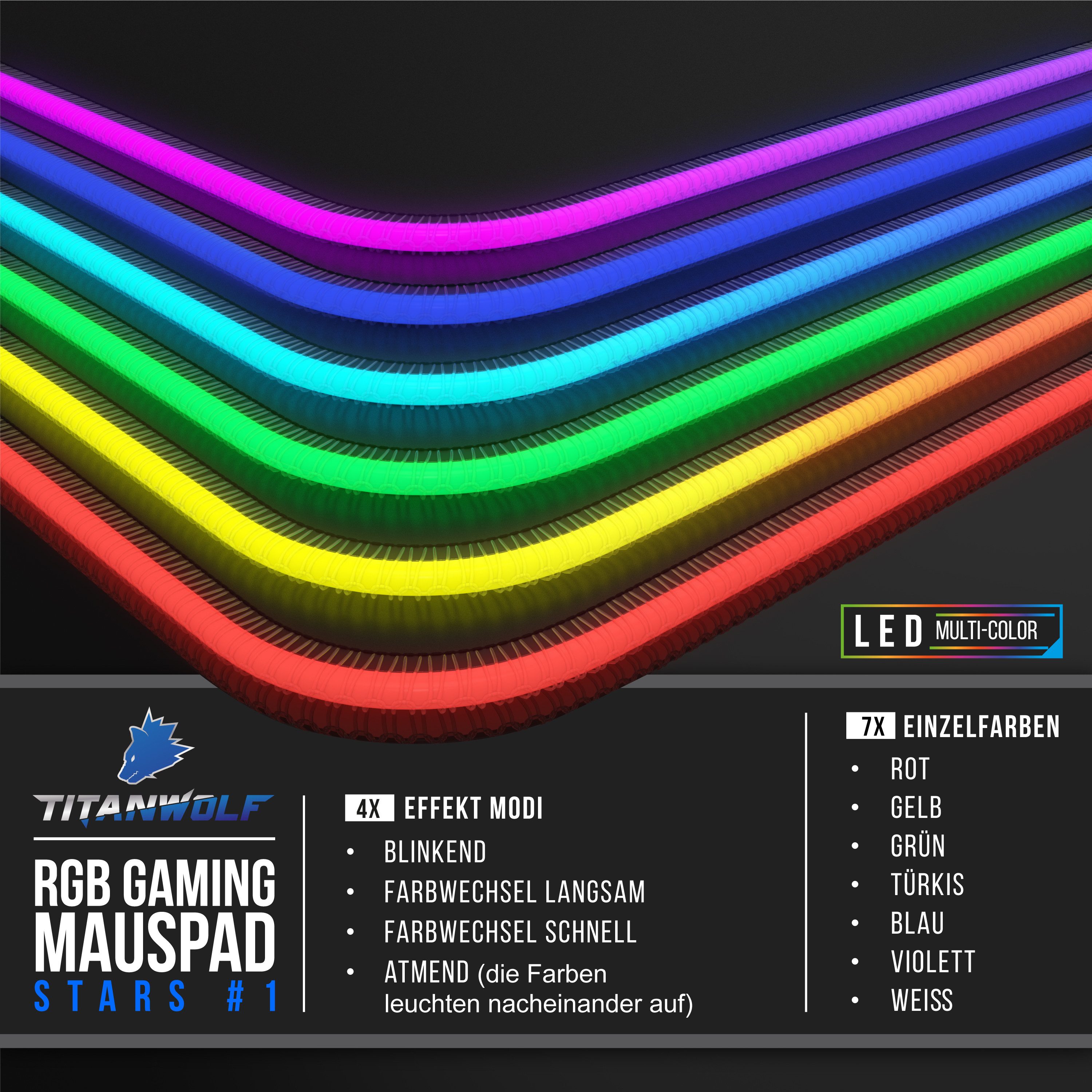 Titanwolf Gaming Mauspad RGB Mousepad 800 x 300 x 3 mm, Multi Color LED XL Tischunterlage (1-St), rutschfest, abwaschbar, Geschwindigkeit & Präzision, Stars & M – Bild 4 von 5