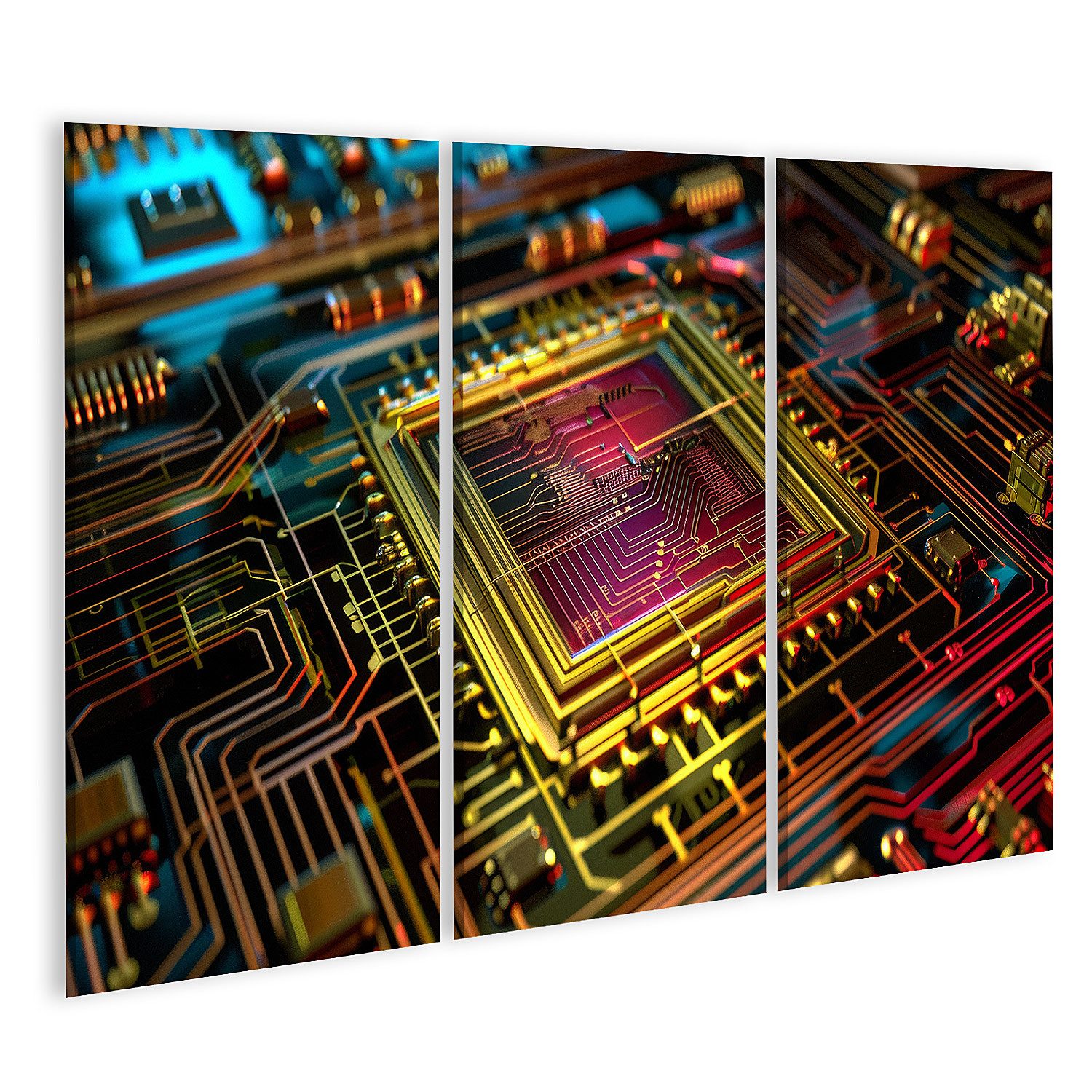 Leinwandbild Detailaufnahme: Komplexes Computer-Motherboard mit diversen Komponente