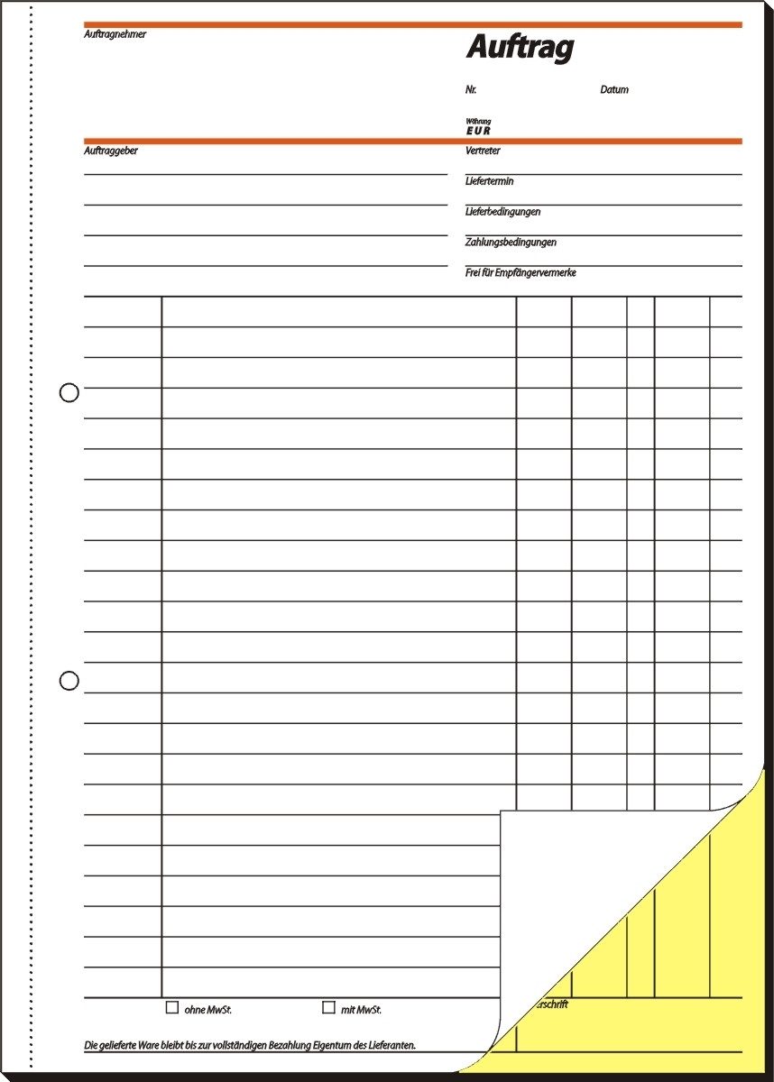 Formularblock Auftrag A4 hoch 1. und 2. Blatt bedruckt selbstdurchschreibend 2x40 Bl