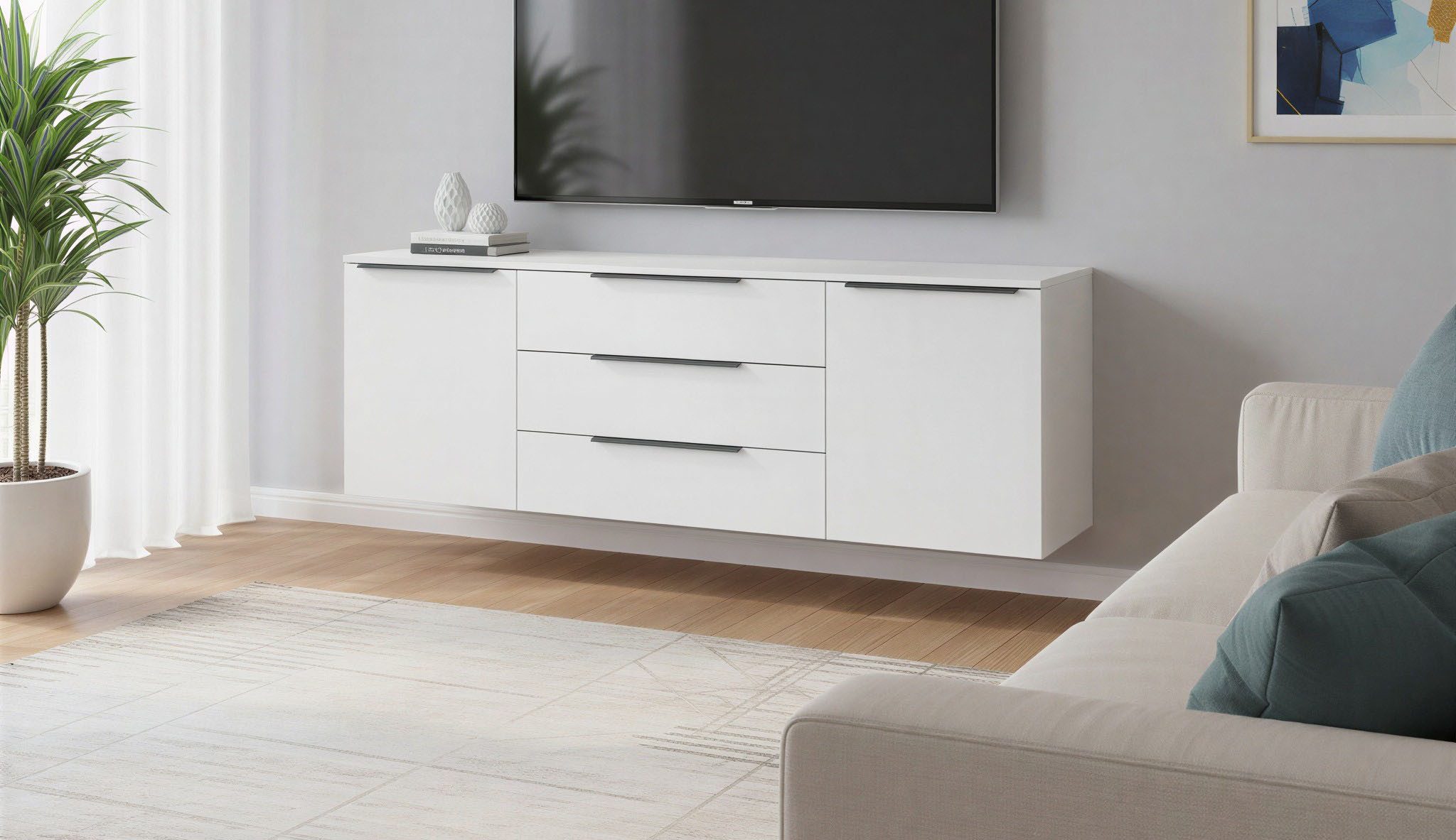 borchardt Möbel Sideboard Tom, Kommode Breite 166cm, hängend oder stehend mit Metallgriffen, 2 Türen 3 Schubkästen, verstellbare Einlegeböden