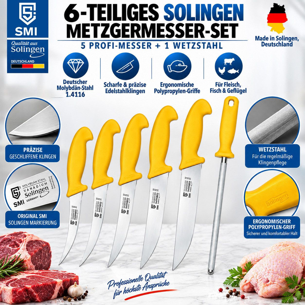 SMI Kochmesser 6-tlg Küchenmesser Set Solingen Metzgermesser Wetzstahl Ausbeinmesser – Bild 5 von 5