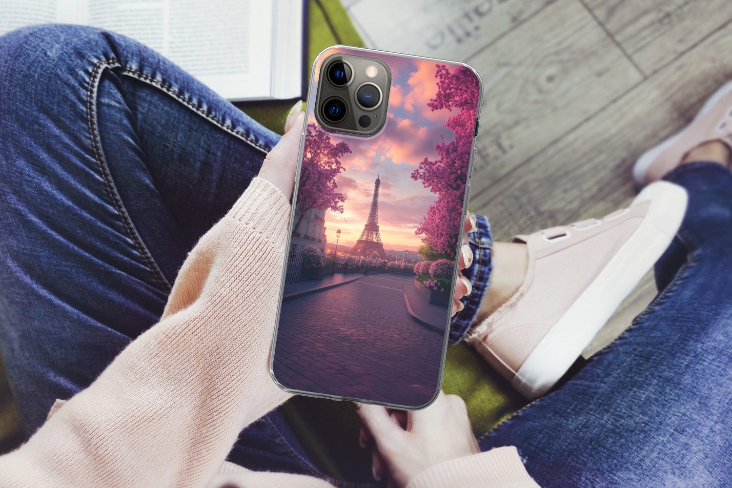MuchoWow Handyhülle für Apple iPhone 13 Pro Max Eiffelturm - Paris - Rosa, Smartphone-Bumper, Print, Handy Schutzhülle Dünn