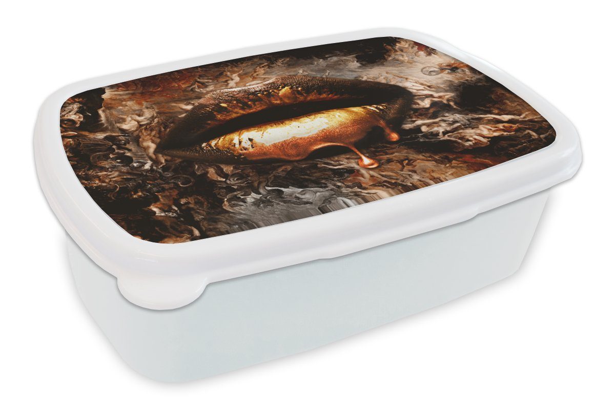 MuchoWow Lunchbox Gold - Lippen - Kunst - Gold - Luxus - Abstrakt, Kunststoff, (2-tlg), Brotbox für Kinder und Erwachsene, Brotdose, für Jungs und Mädchen weiß