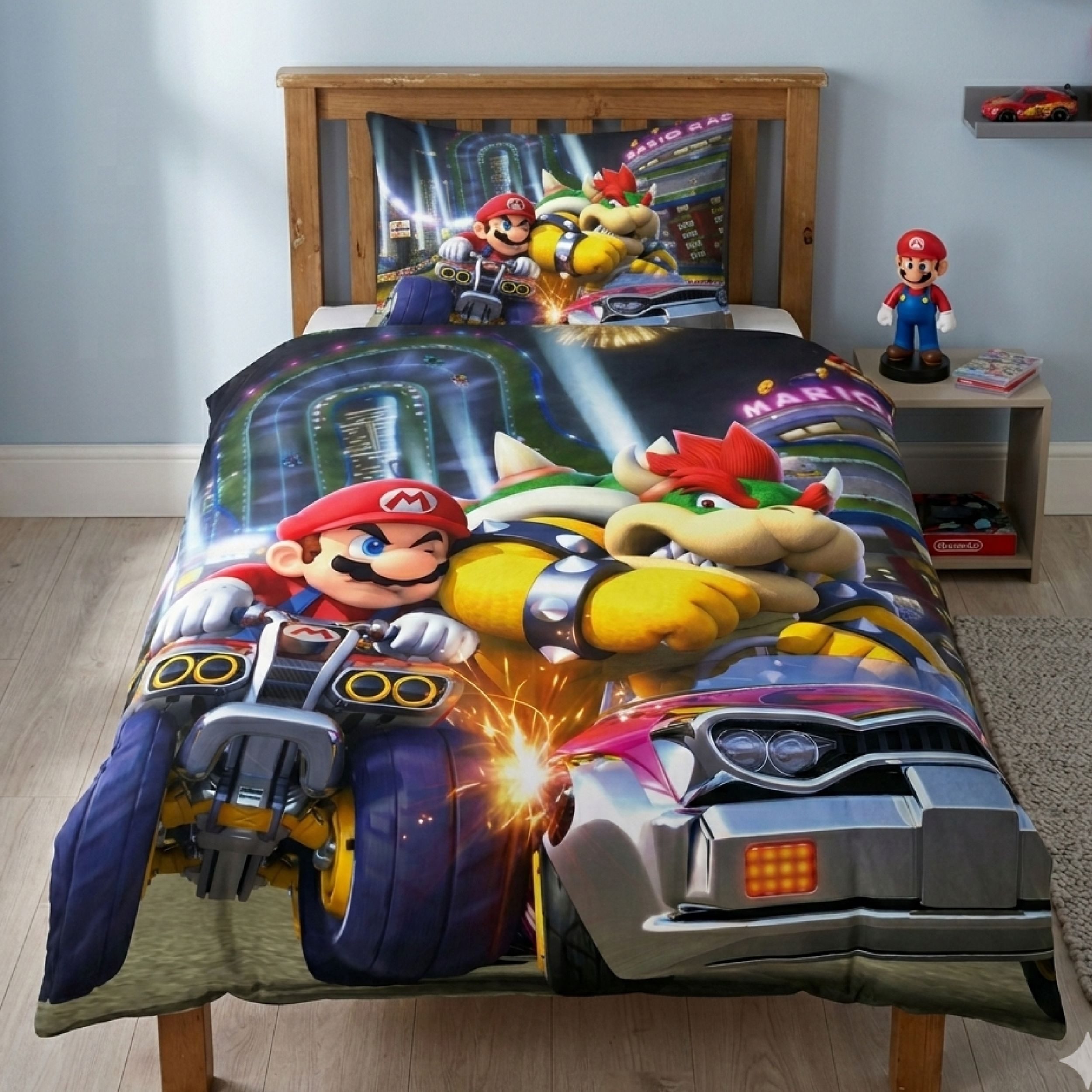 Familando Kinderbettwäsche Super Mario Kart 135x200 80x80cm aus 100% Baumwolle, Renforcé, 2 teilig, für Gamer & Zocker, mit Reißverschluss, Wendebettwäsche