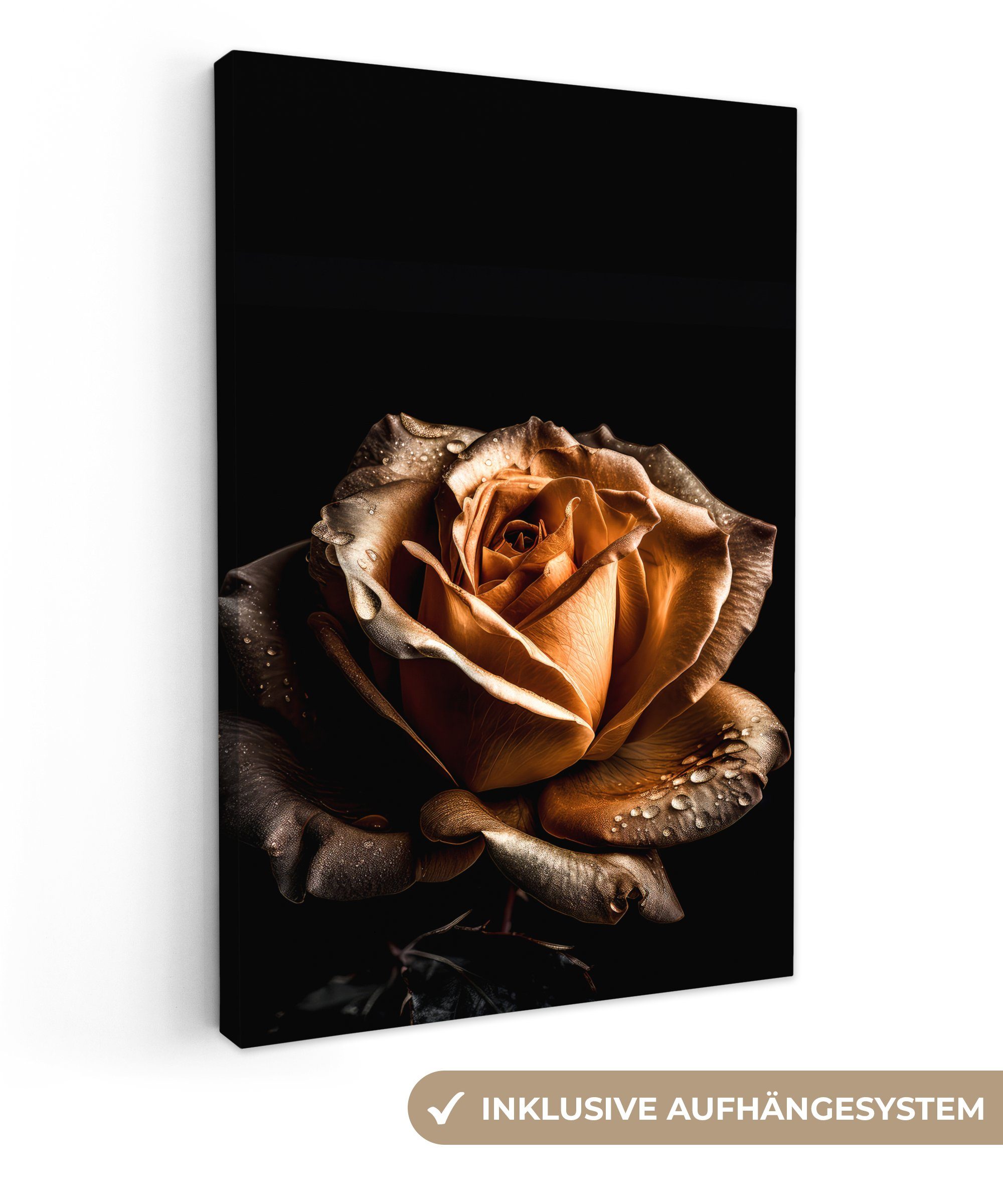 Rose Botanisch - Leinwandbild 20x30 (1 Schwarz, - inkl. Leinwandbild - fertig St), cm Gemälde, Gold OneMillionCanvasses® bespannt Blumen Zackenaufhänger,