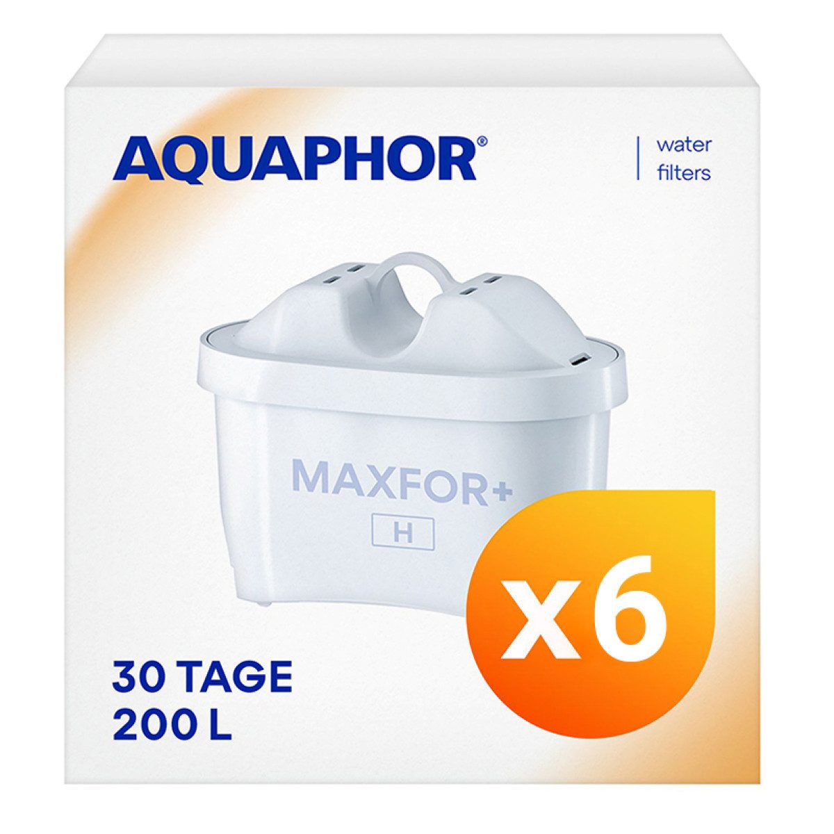 AQUAPHOR Kalk- und Wasserfilter MAXFOR+ H hartes Wasser, Pack 6 - gegen Kalk, Chlor, Schwermetalle, Zubehör für den AQUAPHOR Modellen Onyx, Jasper, Amethyst, Glaskanne und mit Tischwasserfiltern anderer Hersteller., AQUALEN Technologie. Bis zum 200 L. Kapazität., BPA frei.