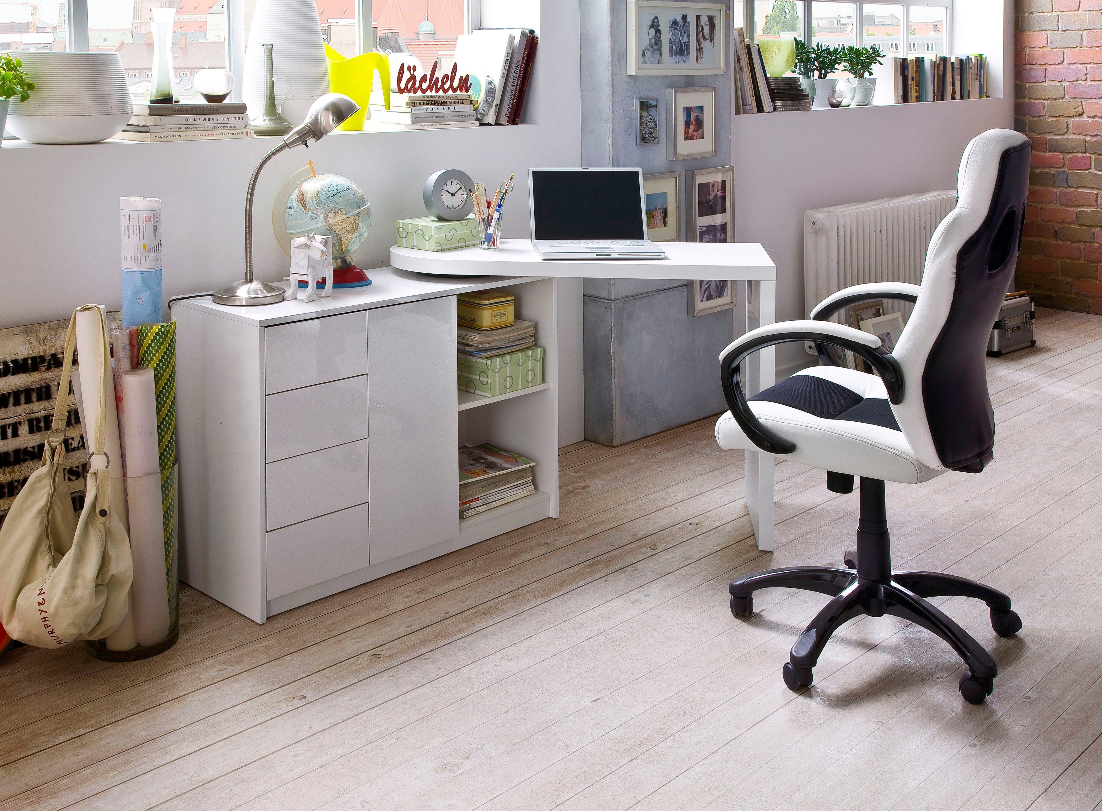 Hochglanz Matt, furniture mit Tischplatte Schwenkbar Regalschrank, MCA Schreibtisch Weiß