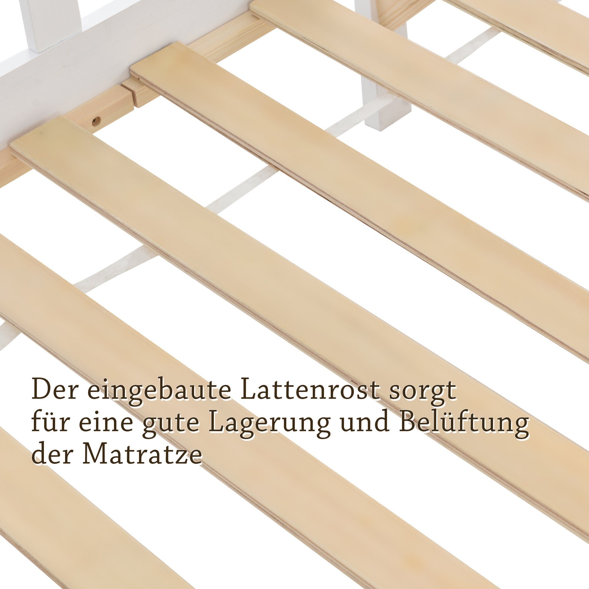 Kinderbett (1-tlg., Abenteuerbetten), Hausbett 80x160 cm mit Rausfallschutz und Lattenrost, Kiefer