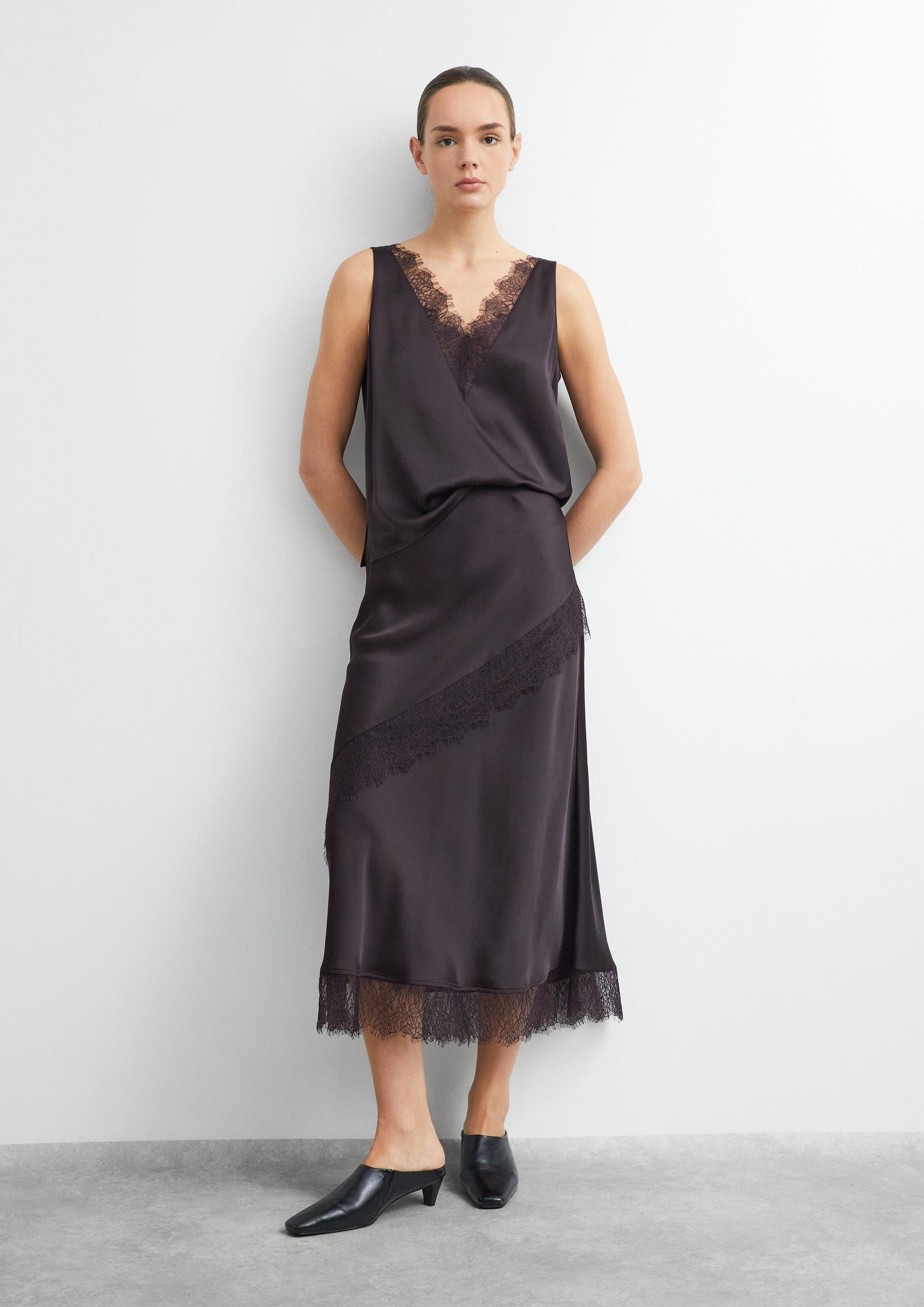 comma Midirock Rock Langer Satin-Rock mit Spitzeneinsatz