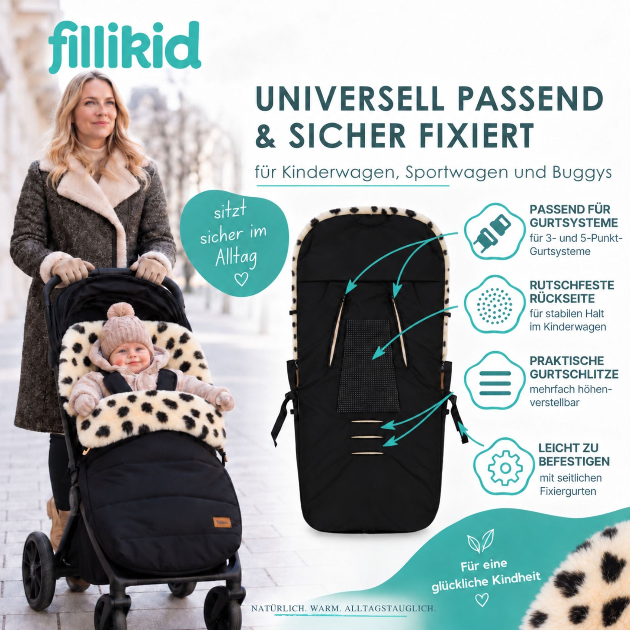 Fillikid Fußsack Winterfußsack Bernina Lammfell Exklusiv, Warmer Winterfußsack mit echtem Merino-Lammfell wasserabweisend und – Bild 5 von 5