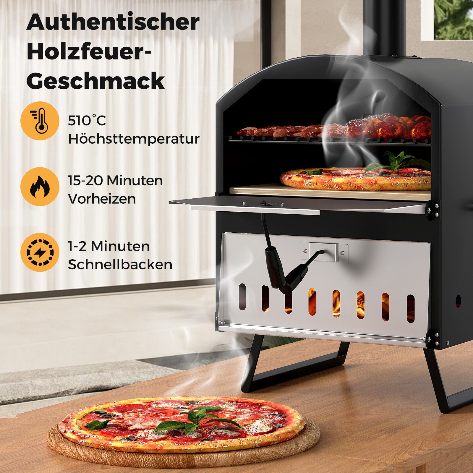 COSTWAY Pizzaofen, 2-Schichter Holzofen,Brennofen mit Pizzastein, Schaufel