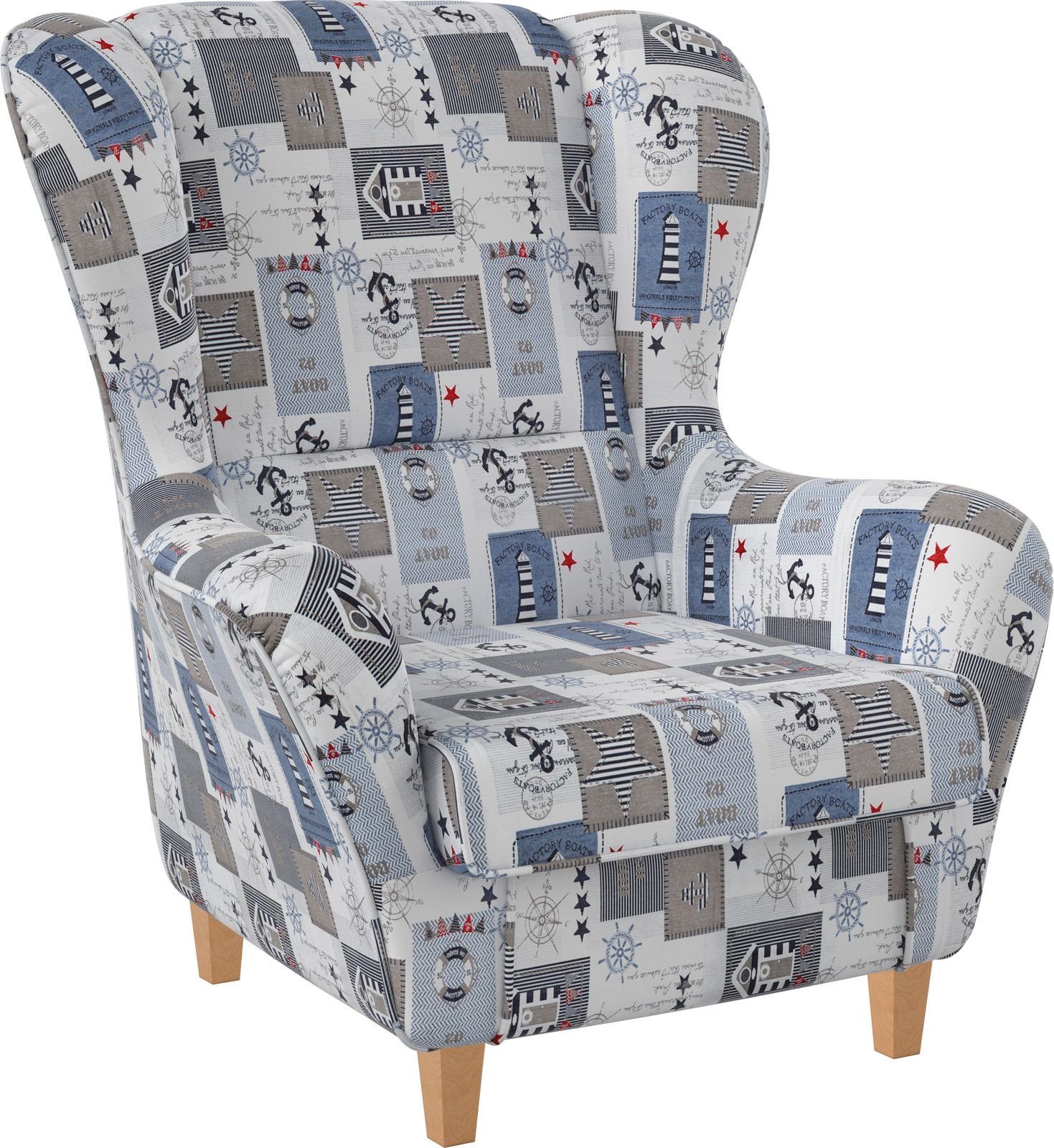 Supellex Ohrensessel Sofia, mit Design maritime Motive Patchwork Hocker, Relaxsessel