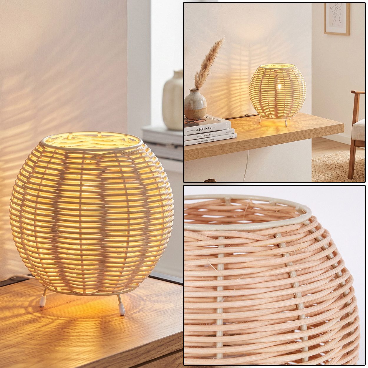 hofstein Tischleuchte Tischlampe aus Metall/Rattan in Beige/Naturfarben, ohne Leuchtmittel, Schirm aus Rattan (16 cm), An/-Auschalter, 1x E14, ohne Leuchtmittel