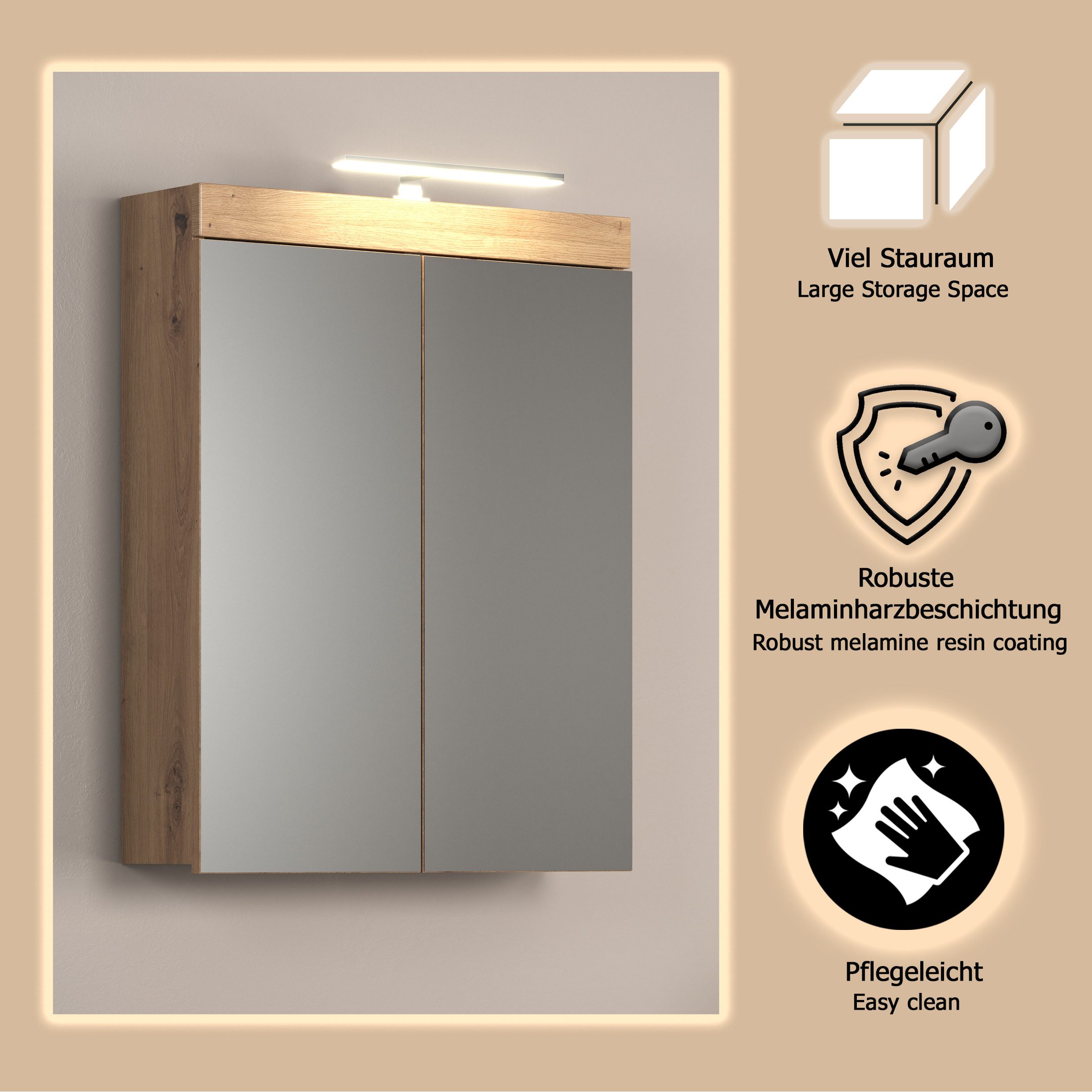 welltime Spiegelschrank Avena Spiegelschrank wahlweise mit Beleuchtung - (B/T/H) 60/17/77 cm