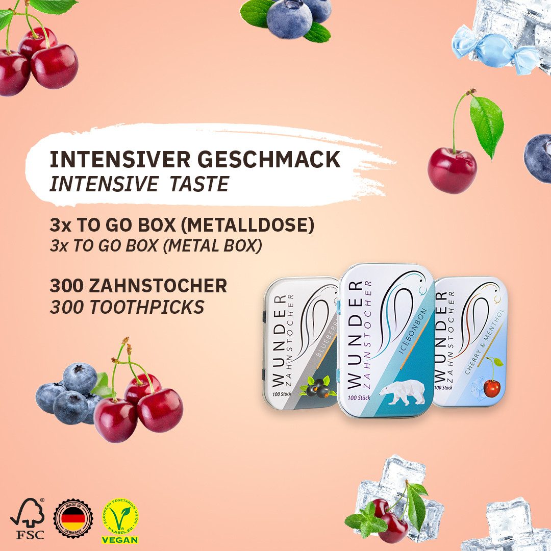 Wunder Zahnstocher Mundpflegecenter Zahnstocher mit Geschmack Fresh 3er Pack in edler Metallbox, frischer Atem - Alternative zu Kaugummi - zuckerfrei & kalorienfrei