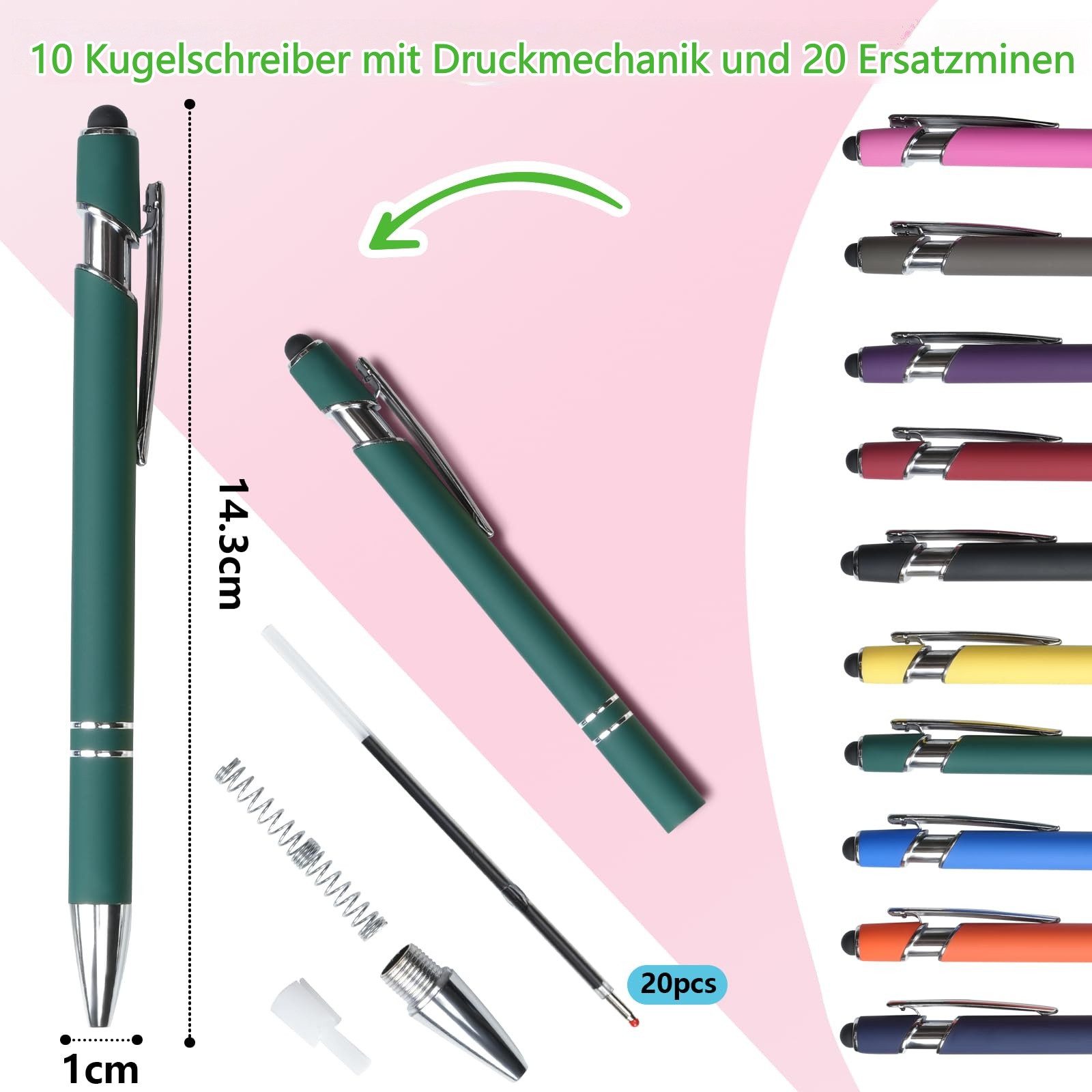 FOUORTUNATE-BEE Kugelschreiber Kugelschreiber Set 10 Stifte mit 20 Minen 2in1 Stift Büro Schule, 2in1 Kugelschreiber Set 10 Stück mit Stylus und 20 Ersatzminen
