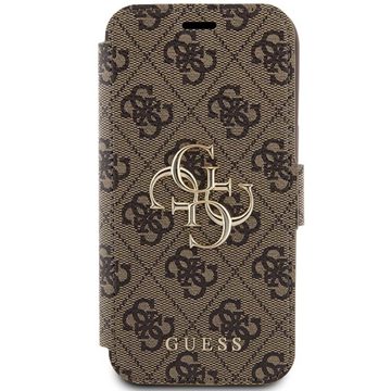 Guess Handyhülle Bookcase Cover iPhone 15 braun Logo goldfarben aufstellbar 6,1 Zoll, Kartenfach